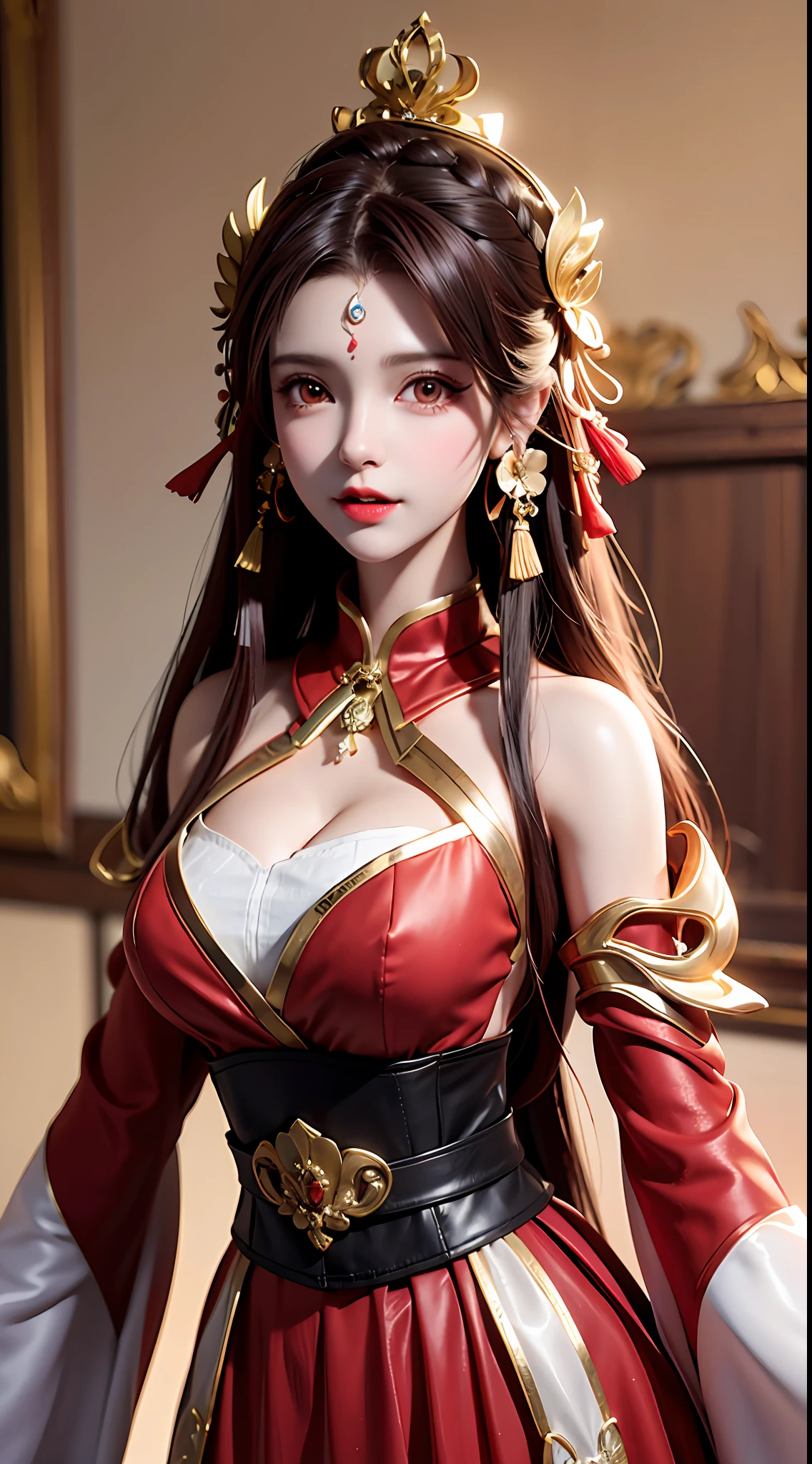 1 beautiful goddess, In the Dark: 1.6), surreal female portrait by David Hockney and Alphonse Mucha, fantasy art, korea doll, photorealism, dynamic lighting, artstation, poster, volumetric lighting, very detailed faces, 8k ultra, all body, Awarded, in the dark, deep shadow, low key, cowboy lens, (Red phoenix dress: 1.4), long hair, black hair, bust, luxurious palace, Royal style, goddess crown, Big round black eyes, style Royal, The most beautiful face, big and regular breasts, Super realistic, chinese women's clothing, polo neck sweater, Charming smile, The eyes are very well made up, guweiz, hanfu, Ancient style, loong, forehead mark, full body, 2 bangs braided hair, Red lips, 8k quality, 8k ultra, HDR,