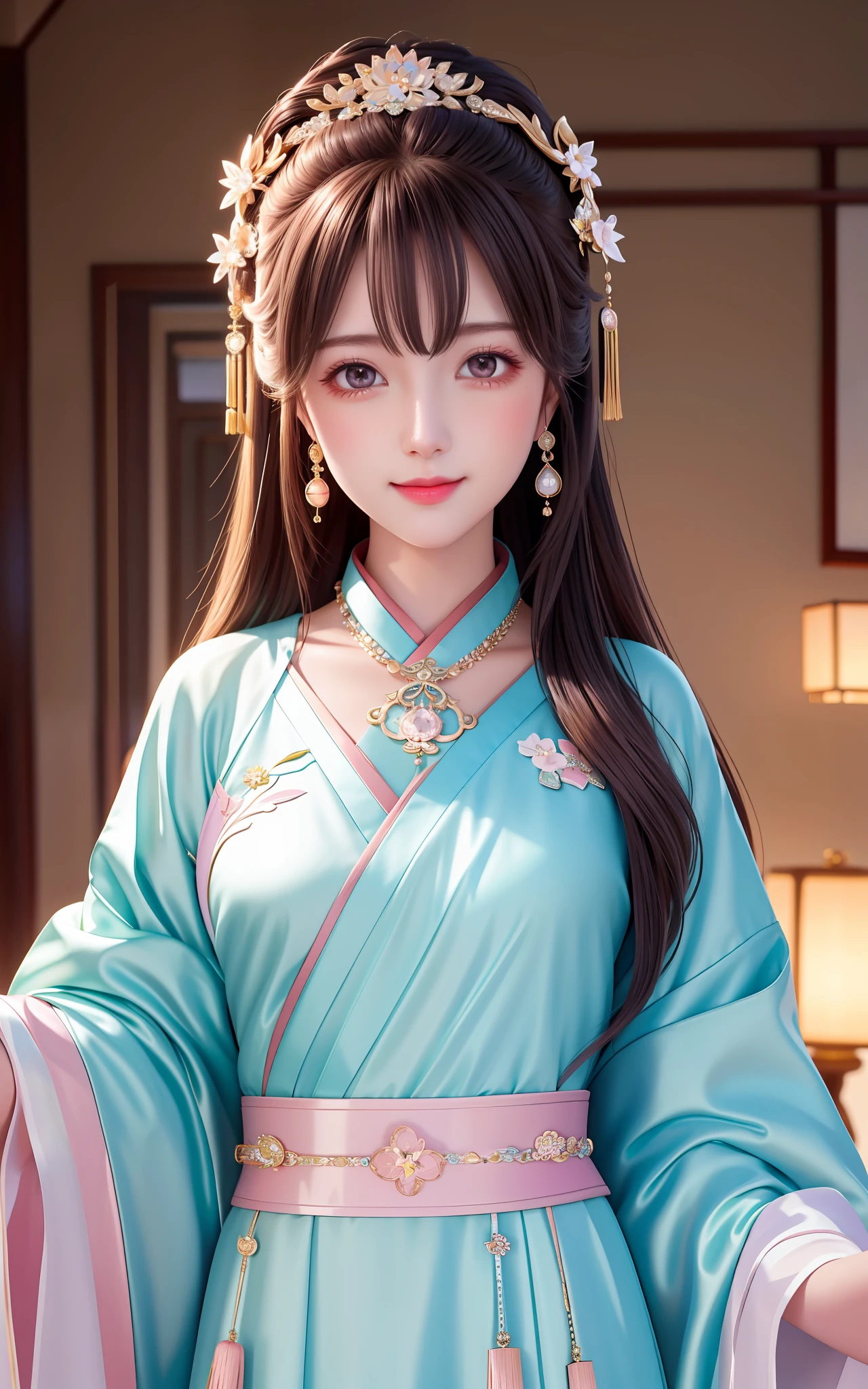 Superb Quality, Masterpiece, Hand Behind, High Resolution, 1girl, Blush, (Charming Smile: 0.8), Star Eyes, Chinese Hanfu, Hair Accessories, Necklaces, Jewelry, Beauty, on_body, Tyndall Effect, Realistic, Shadow Room, Light Edge, Two-tone Lighting, (High Detail Skin: 1.2), 8K UHD, DSLR, Soft Light, High Quality, Volume Lighting, Voyeur, Photo, High Resolution, 4K, 8K, Background Blur