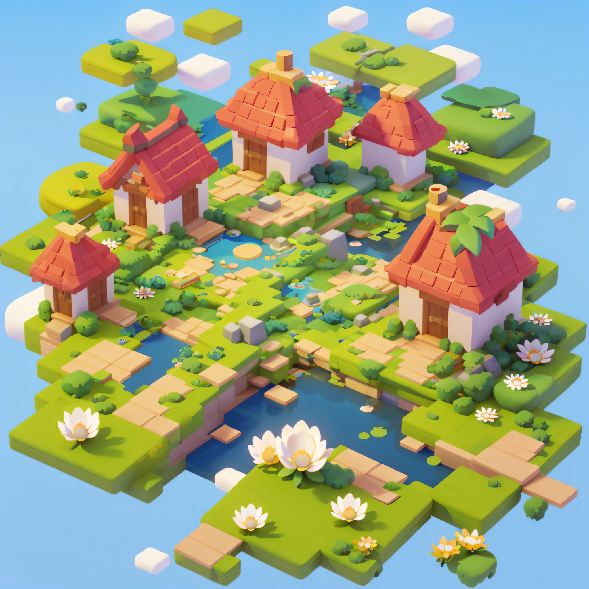 game architectural design, cartoon, town, stone, blue sky, white clouds, lotus leaves, lotus flowers, small lake, bricks, meadow, river, flowers, casual game style, 3d, blender, closeup, masterpiece, super detail, best quality