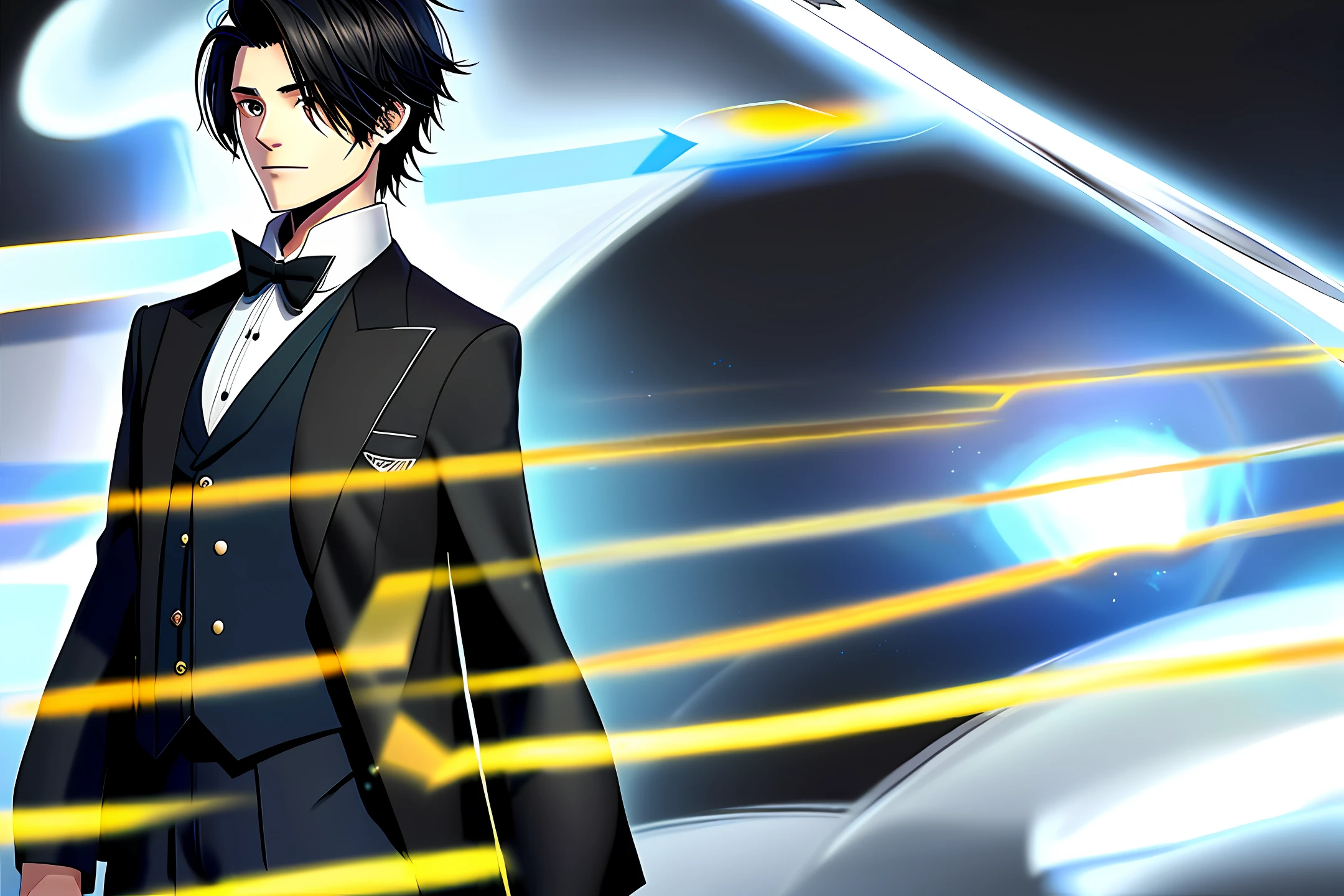 Generate an image with a transparent background featuring a boy, a wizard, with extremely short black hair. He is 1.70 meters tall and wearing a disheveled suit. The suit is simple, without a tie. He has a slight smile and a relaxed posture. The dominant color is black.
