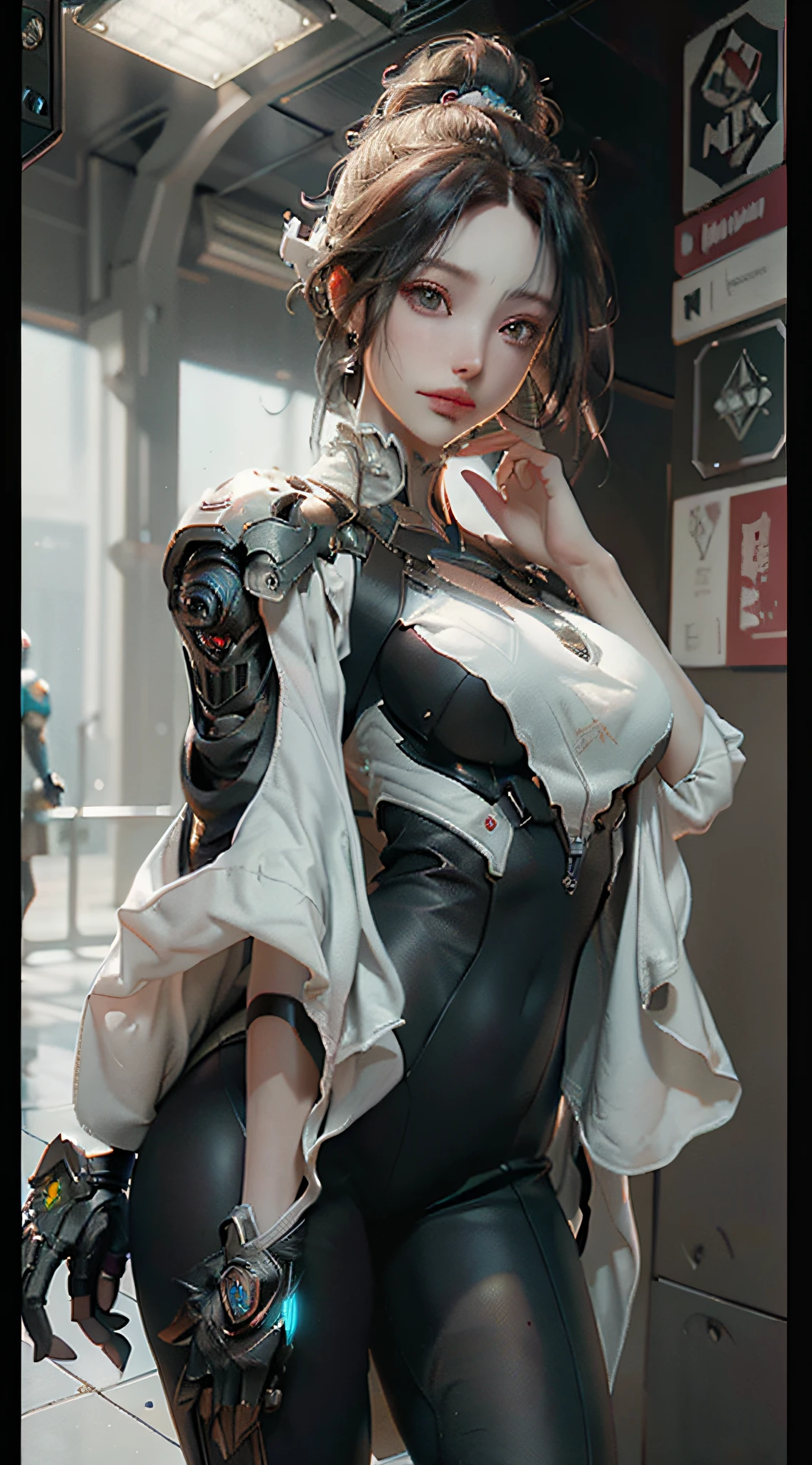 ((Best quality)), ((masterpiece)), (detailed:1.4), 3D, an image of a beautiful cyberpunk female,HDR (High Dynamic Range),Ray Tracing,NVIDIA RTX,Super-Resolution,Unreal 5,Subsurface scattering,PBR Texturing,Post-processing,Anisotropic Filtering,Depth-of-field,Maximum clarity and sharpness,Multi-layered textures,Albedo and Specular maps,Surface shading,Accurate simulation of light-material interaction,Perfect proportions,Octane Render,Two-tone lighting,Wide aperture,Low ISO,White balance,Rule of thirds,8K RAW,
