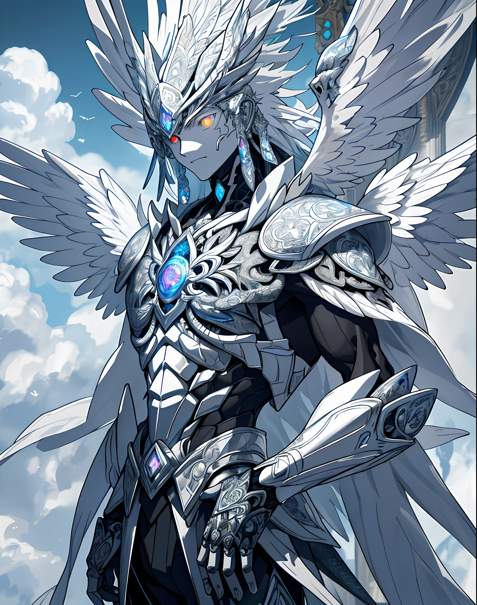 ((raw photo)), ((masterpiece)), anthropomorphic humanoid Seraphim wearing diamond armor, intricate detail, futobot, intricate Greebles pieces, clouds behind, glowing fire eyes, eight large wings one of each color, hair half black and white, skin of scales