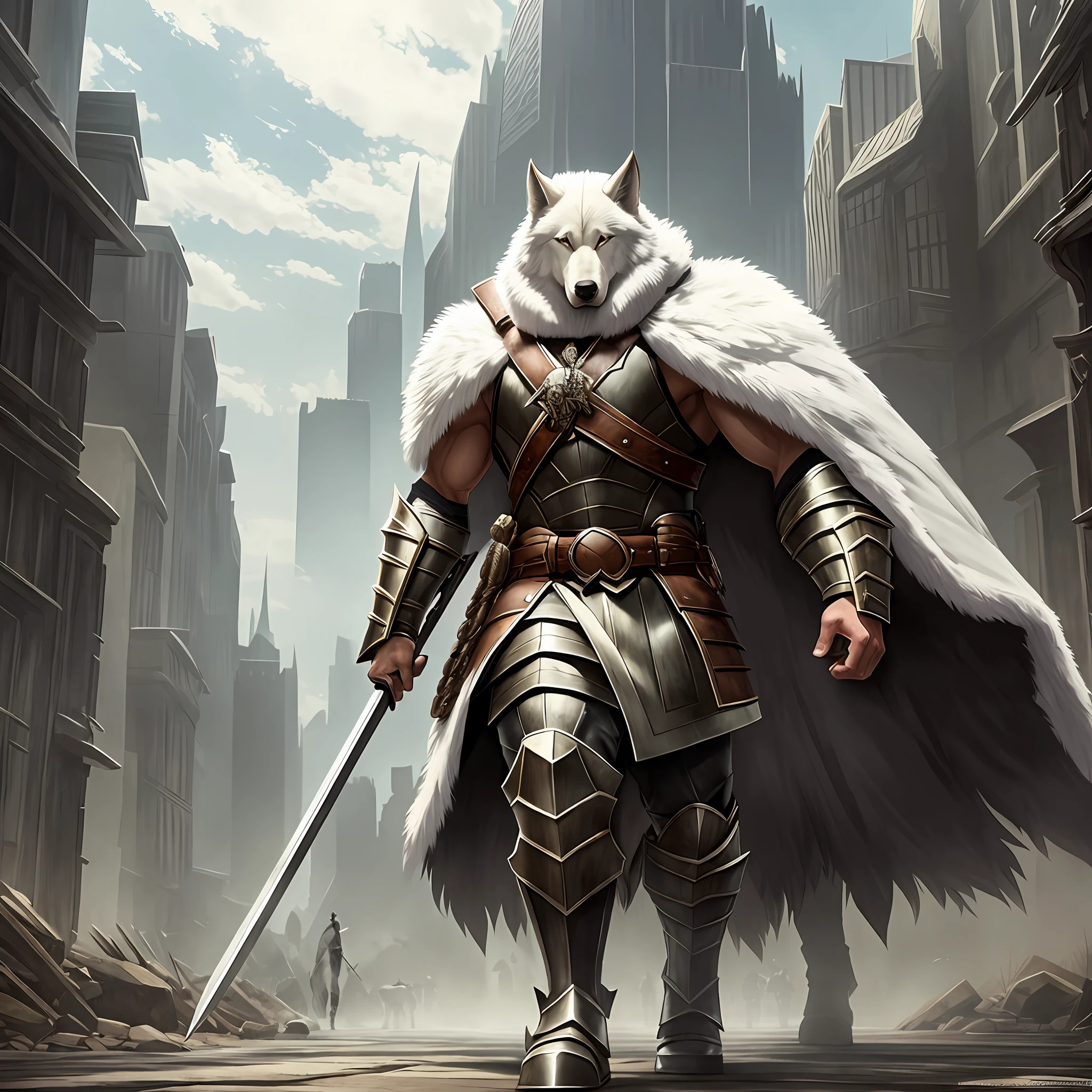 Young Swole Man With shaved White Hair and no beard using a Big Armor and a Fur Cape, Walking With a Gigantic Wolf by his side, Realistic, Full HD --auto --s2