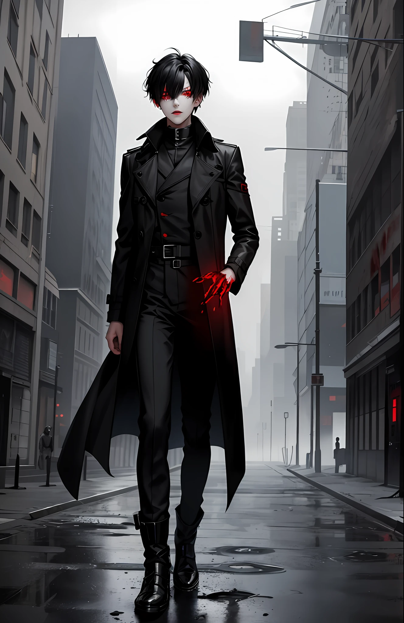 1boy, red eyes, tall, black hair, trench coat, shadows, horror, best quality, scars, blood, tall black boots, full body view, HD, vibrant, dystopian