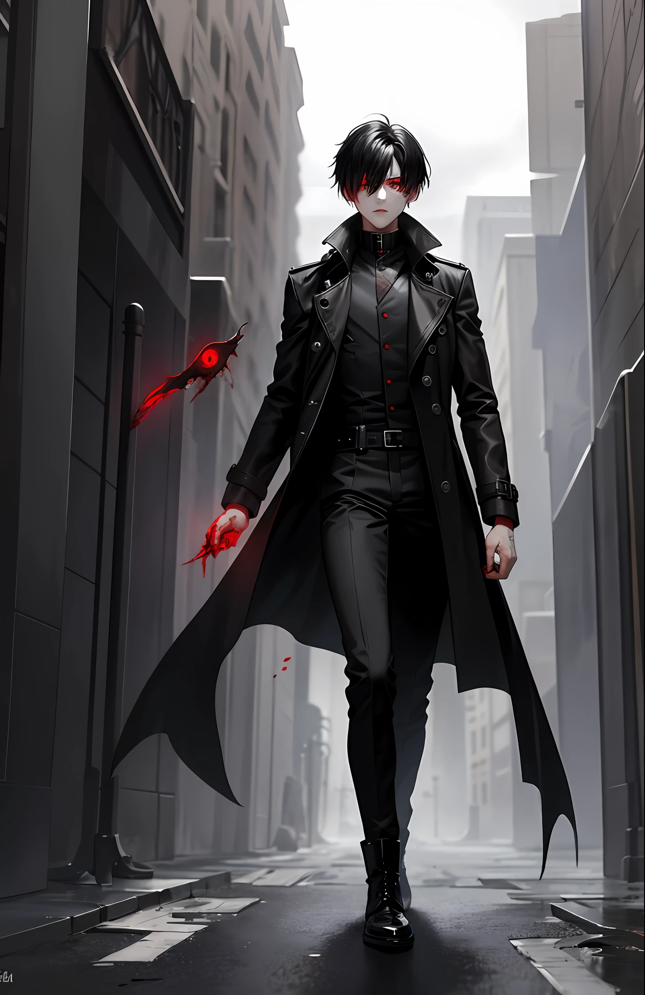 1boy, red eyes, tall, black hair, trench coat, shadows, horror, best quality, scars, blood, tall black boots, full body view, HD, vibrant, dystopian