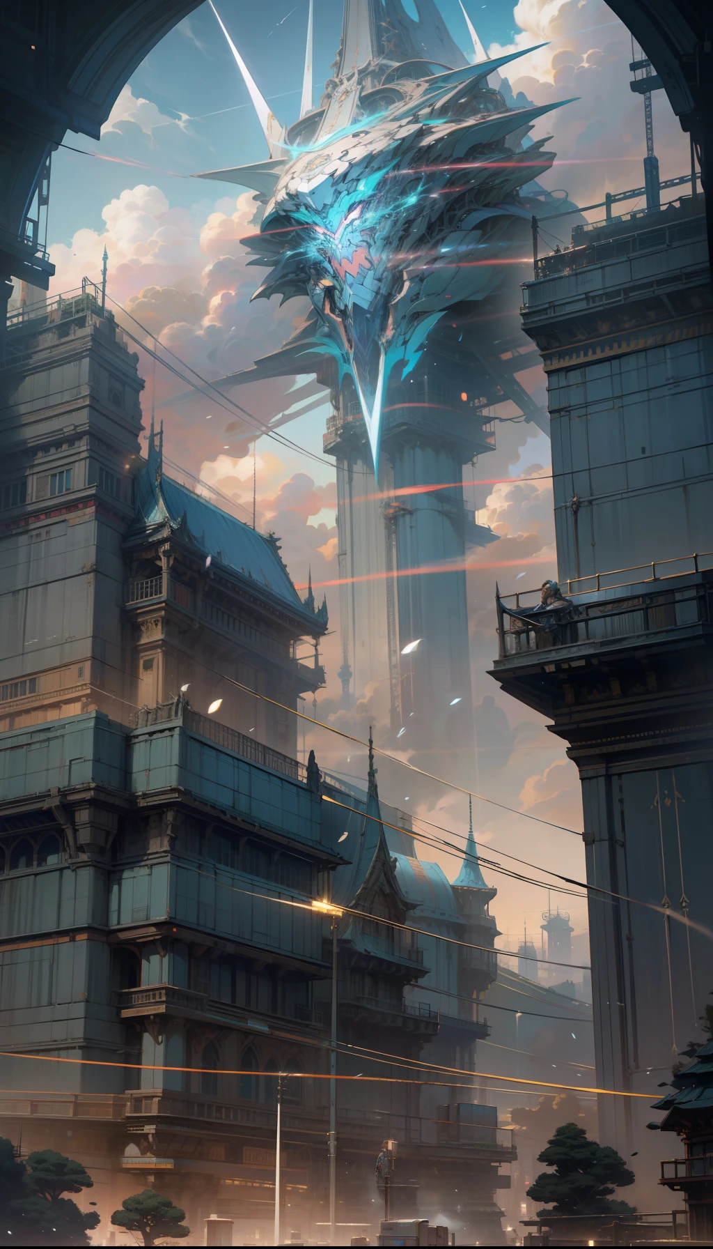 Sky, Clouds, holding_weapon, no_humans, Glow, giant_ trees , cyberpunk_Architecture, "sky, cloud, glowing, big trees , building, cybernetic _trees, tree_mech, sci-fi, cityscape, realistic, mechanical" Science Fiction, Cities, Rendered in Octane, hyper realistic, 8k, epic composition, cinematic, octane render, artstation landscape vista photography by Carr Clifton & Galen Rowell, 16K resolution, Landscape veduta photo by Dustin Lefevre & tdraw, 8k resolution, detailed landscape painting by Ivan Shishkin, DeviantArt, Flickr, rendered in Enscape, Miyazaki, Nausicaa Ghibli, Breath of The Wild,,trending in artstation, cgsociety, 8k post-processing highly detailed,Junji Murakami, Mucha Klimt, Sharandula, Hiroshi Yoshida, Tom Bagshaw, Ross Tran, Artgerm,Craig Mullins,dramatic,Junji Murakami, moody lighting rendered by octane engine,characters 8K symmetrical arstation, cape,cinematic lighting, intricate details, 8k detail post processing, hyperealistic, octane rend, Zdzisław Beksiński style, ar 2:3 Reality Reality --auto --s2