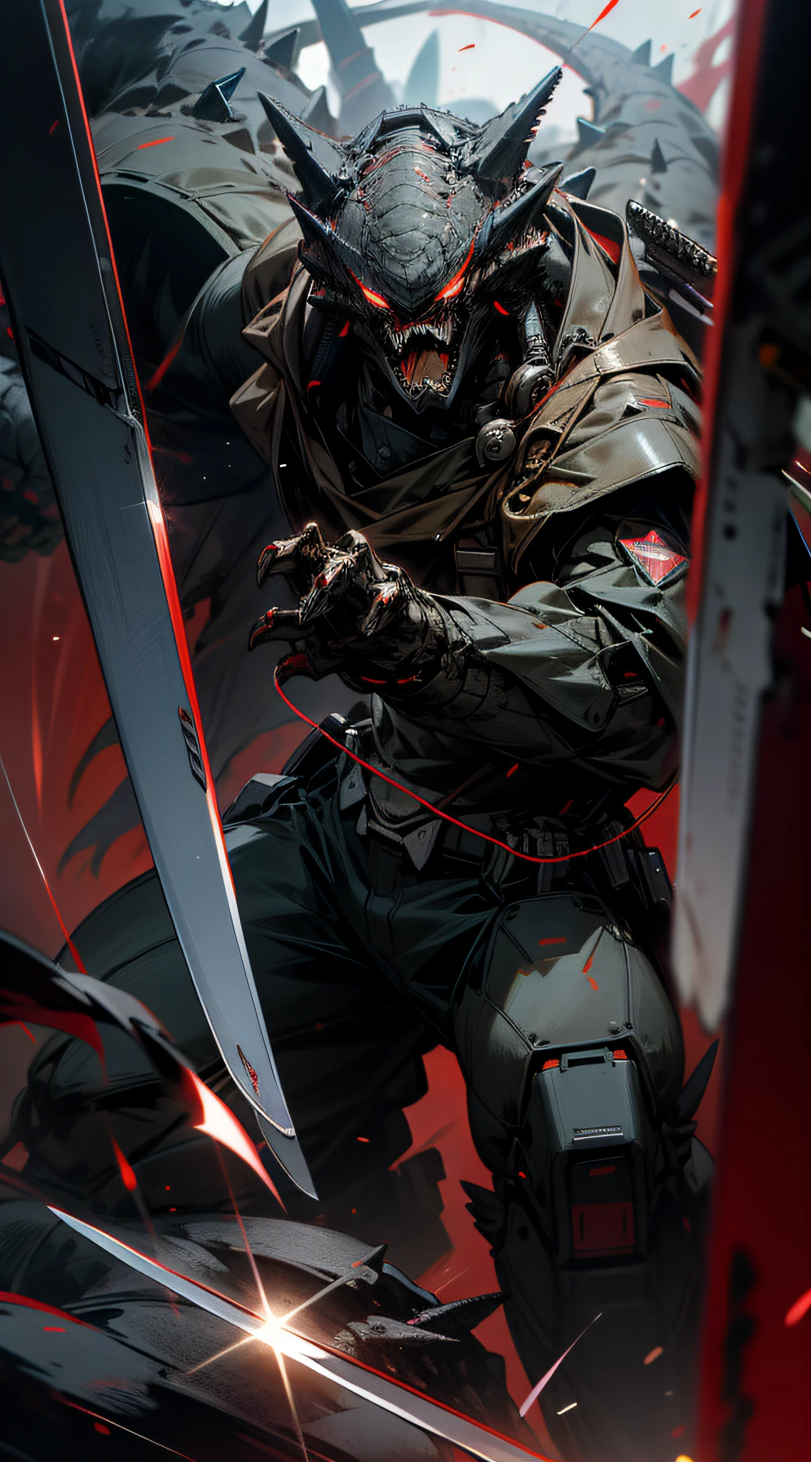 mecha godzilla, robot, no_human, holding a sword, glowing red eyes
