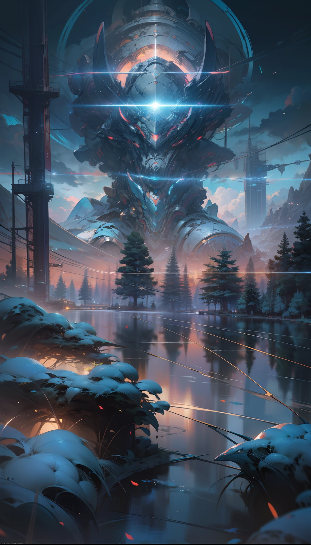 Sky, Clouds, holding_weapon, no_humans, Glow, giant_ trees , cyberpunk_Architecture, "sky, cloud, glowing, big trees , building, cybernetic _trees, tree_mech, sci-fi, cityscape, realistic, mechanical" Science Fiction, Cities, Rendered in Octane, hyper realistic, 8k, epic composition, cinematic, octane render, artstation landscape vista photography by Carr Clifton & Galen Rowell, 16K resolution, Landscape veduta photo by Dustin Lefevre & tdraw, 8k resolution, detailed landscape painting by Ivan Shishkin, DeviantArt, Flickr, rendered in Enscape, Miyazaki, Nausicaa Ghibli, Breath of The Wild,,trending in artstation, cgsociety, 8k post-processing highly detailed,Junji Murakami, Mucha Klimt, Sharandula, Hiroshi Yoshida, Tom Bagshaw, Ross Tran, Artgerm,Craig Mullins,dramatic,Junji Murakami, moody lighting rendered by octane engine,characters 8K symmetrical arstation, cape,cinematic lighting, intricate details, 8k detail post processing, hyperealistic, octane rend, Zdzisław Beksiński style, ar 2:3 Reality Reality --auto --s2