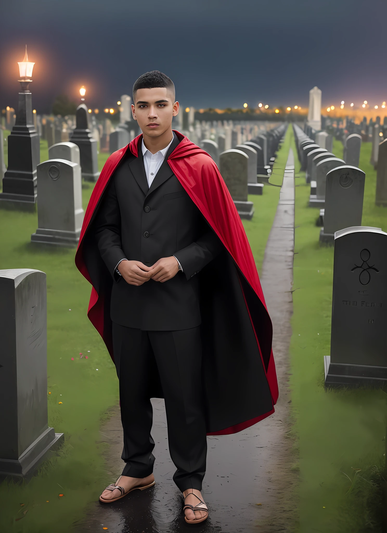 masterpiece, best quality, 8k, sharp focus, ((superrealistic)), high details, raw photo portrait, a boy ((black)) , shaved hair, red cape, black burrow, bare feet, in hand has a candle, in the cemetery, (((night)), raining, storm, graves, tombstones, cemetery at night, ((photo taken full body) (((depth of field))):1.8 The expression lines on his face can be seen clearly. The texture of your face and clothes is exceptionally super detailed.