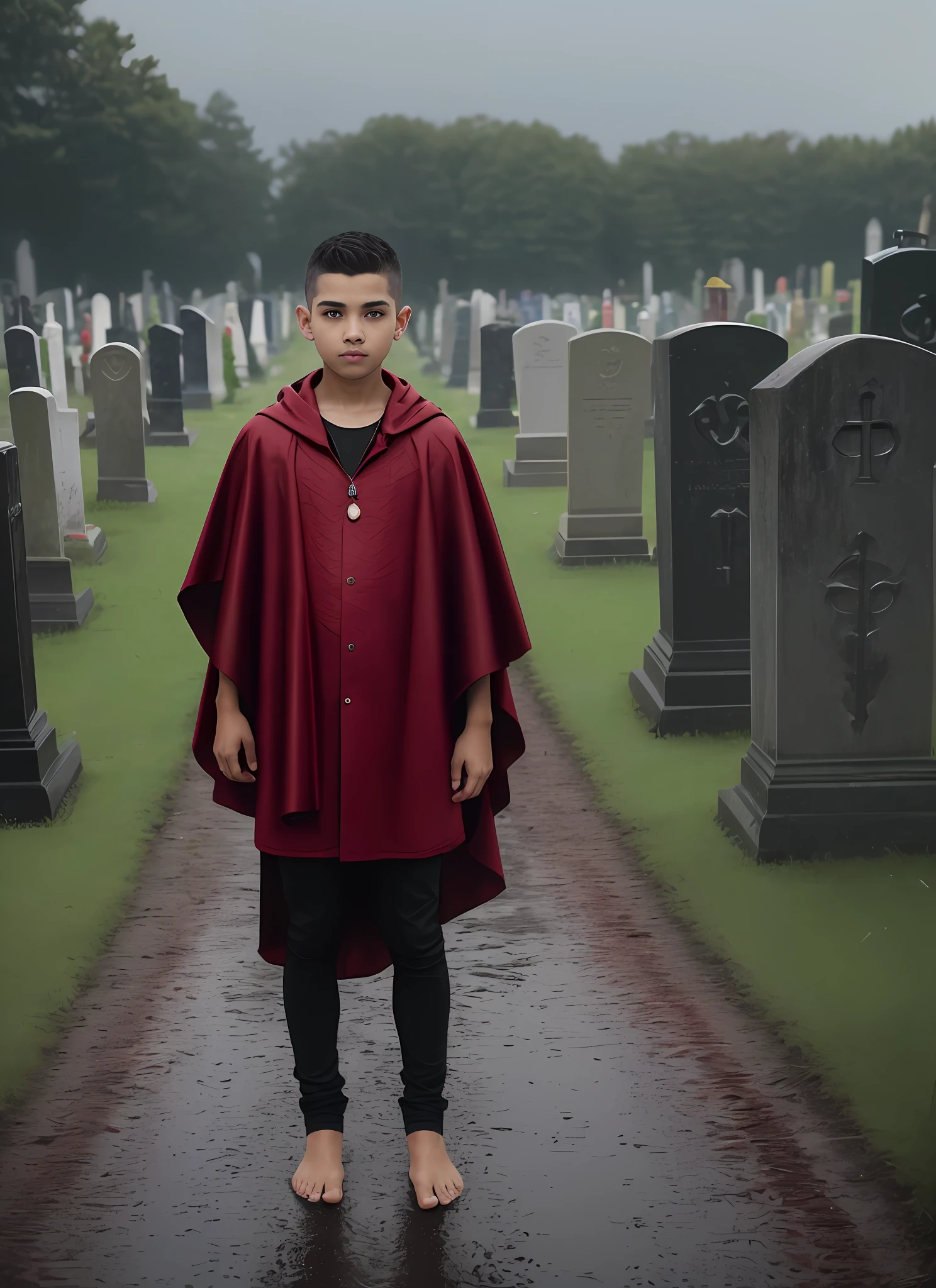 masterpiece, best quality, 8k, sharp focus, ((superrealistic)), high details, raw photo portrait, a boy ((black)) 10 years, shaved hair, red cape, black burrow, bare feet, in hand has a candle, in the cemetery, (((night)), raining, storm, graves, tombstones, cemetery at night, ((photo taken full body) (((depth of field))):1.8 The expression lines on his face can be seen clearly. The texture of your face and clothes is exceptionally super detailed.