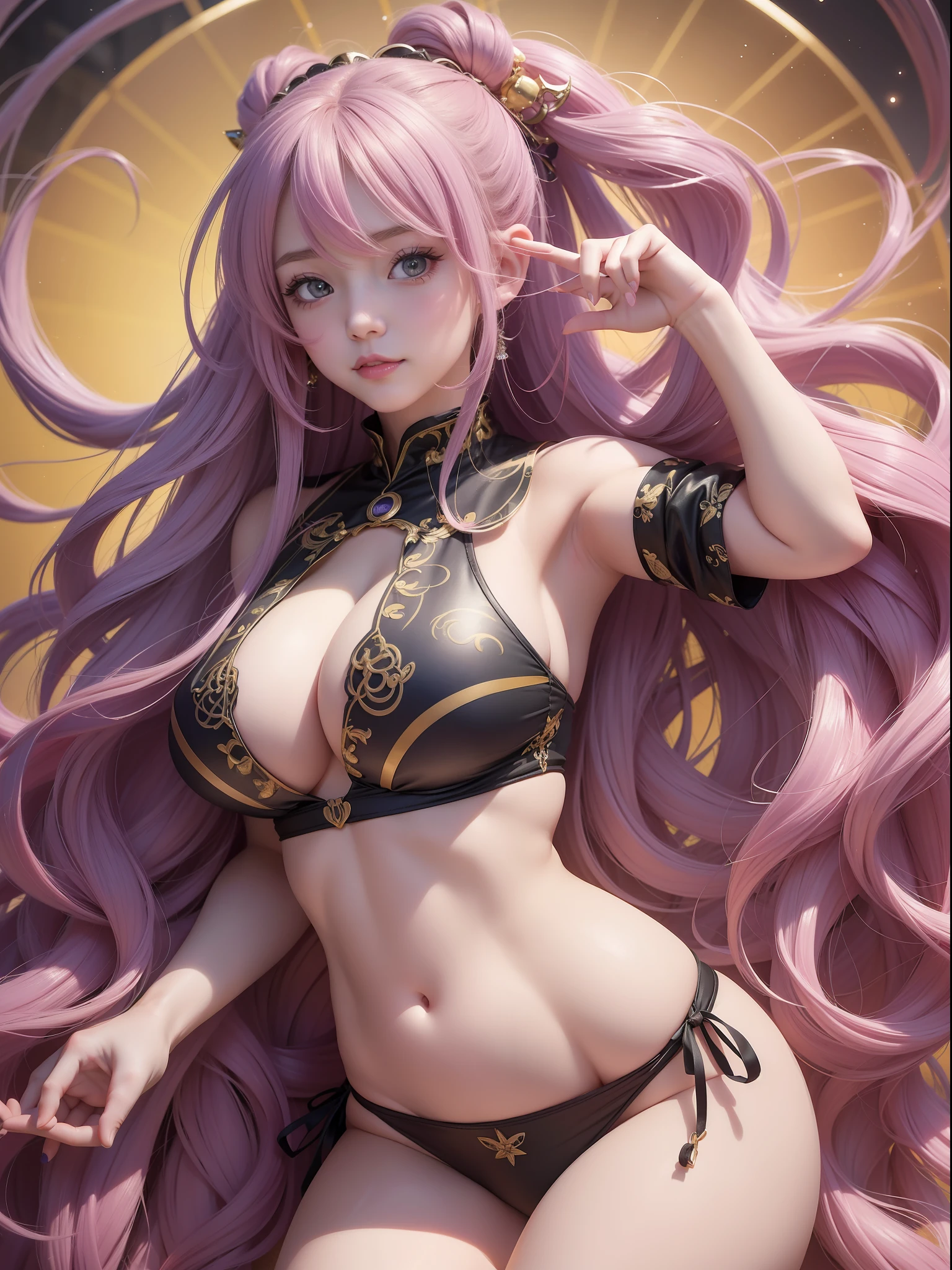 anime girl with absolutely beautiful long hair, sexy bikini, anime moe artstyle, cute anime girl, cute anime girl portrait, pretty anime girl, portrait of cute anime girl, kawaii realistic portrait, anime visual of a cute girl, cute anime girl portraits, portrait anime girl, anime style portrait, beautiful anime girl, full body, smile, (huge boobs:1.5), navel, thin waist, (big hip), Thighs, from bellow