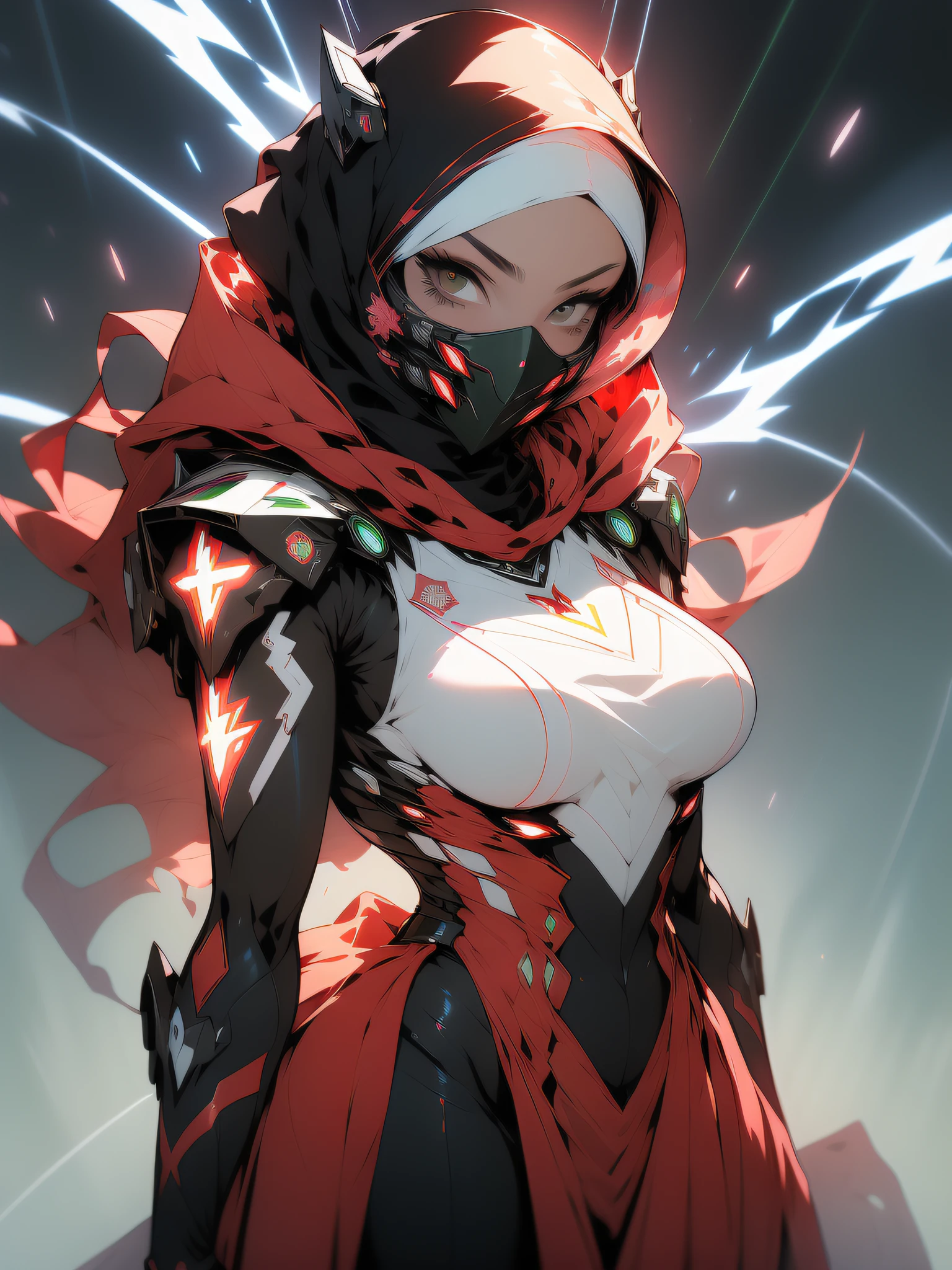 Spawn girl, hell,((Best quality)), ((masterpiece)), (detailed: 1.4), (Absurd), Fighter pilot (((Muslim woman wearing long dark red dress face covered)))), ((include double-headed eagle of Albania flag)), ready for war, dark skinned, middle eastern woman, sculptural body with defined muscles, closed mouth, muscular body covered by a Hoyoverse-style technological dress, Honkai Impact, Geishin Impast, veil covering the face, Veil covering the head, whole body covered by clothing, ((small breasts)), (green eyes without pupils), (((very dark red and black clothing)), (((white wavy hair fulfilled)), (thin white stripes on the green covering the breasts), (image of a Persian sword on the arms), (((lightning ray drawings on the arms)), very long eyelashes, heavy eye makeup, lots of jewelry, by mucha, niji --V5, close to real, psychopathic, crazy face, sexy pose, background with a giant Gundam style robot head, 2 piece clothing, shoulder pads, airplane wings on the back, pastel, centered, scale to fit dimensions, HDR (High Dynamic Range),Ray Tracing,NVIDIA RTX,Super-Resolution,Unreal 5, Subsurface Dispersion, PBR Texture, Post-processing, Anisotropic Filtering, Depth of Field, Maximum Clarity and Sharpness, Multilayer Textures, Albedo and Specular Maps, Surface Shading, Accurate Simulation of Light-Material Interaction, Perfect Proportions, Octane Render, Two-Tone Lighting, Wide Aperture, Low ISO, White Balance, Rule of Thirds, 8K RAW, Crysisnanosuit