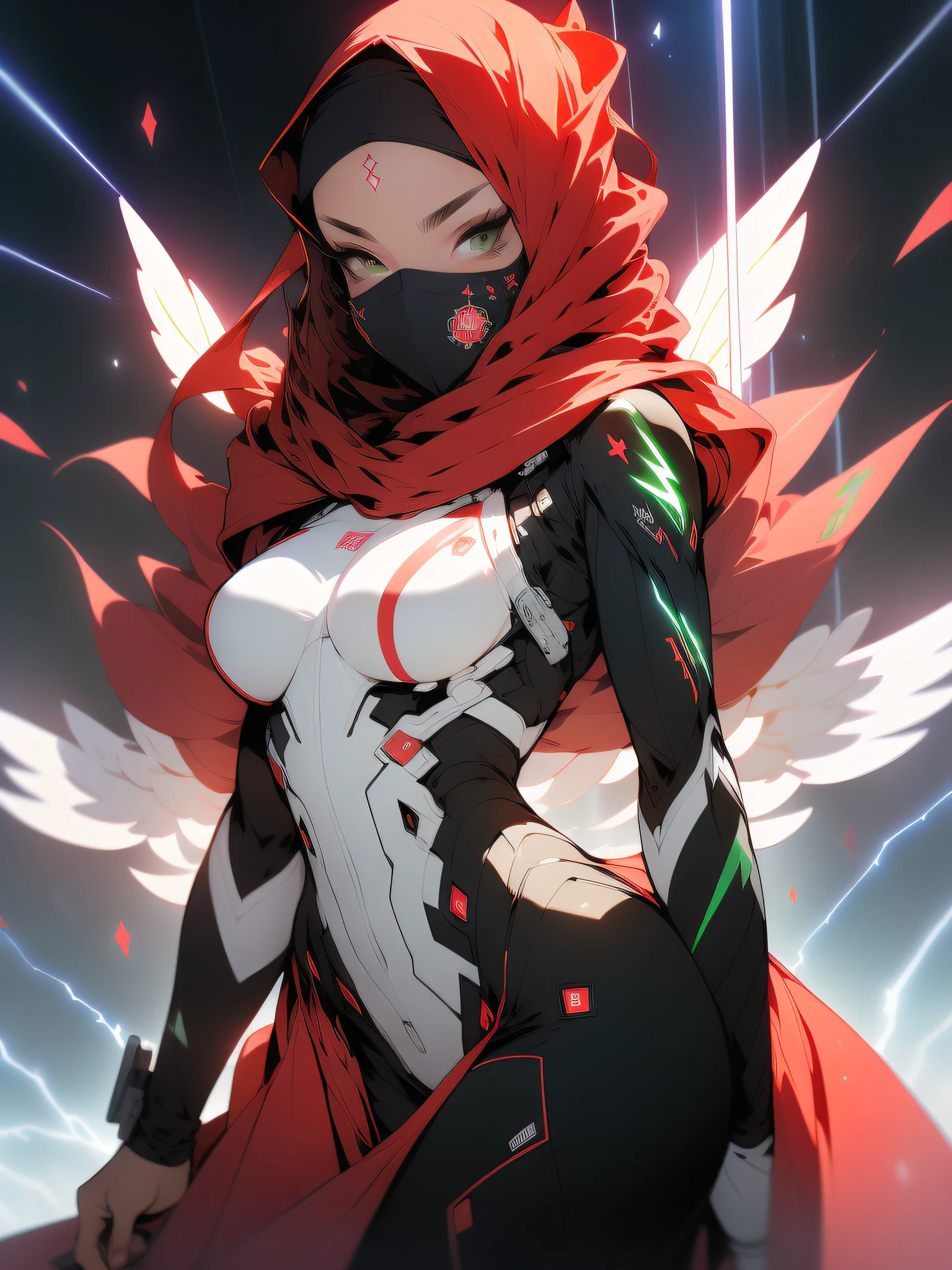 Spawn girl, hell,((Best quality)), ((masterpiece)), (detailed: 1.4), (Absurd), Fighter pilot (((Muslim woman wearing long dark red dress face covered)))), ((include double-headed eagle of Albania flag)), ready for war, dark skinned, middle eastern woman, sculptural body with defined muscles, closed mouth, muscular body covered by a Hoyoverse-style technological dress, Honkai Impact, Geishin Impast, veil covering the face, Veil covering the head, whole body covered by clothing, ((small breasts)), (green eyes without pupils), (((very dark red and black clothing)), (((white wavy hair fulfilled)), (thin white stripes on the green covering the breasts), (image of a Persian sword on the arms), (((lightning ray drawings on the arms)), very long eyelashes, heavy eye makeup, lots of jewelry, by mucha, niji --V5, close to real, psychopathic, crazy face, sexy pose, background with a giant Gundam style robot head, 2 piece clothing, shoulder pads, airplane wings on the back, pastel, centered, scale to fit dimensions, HDR (High Dynamic Range),Ray Tracing,NVIDIA RTX,Super-Resolution,Unreal 5, Subsurface Dispersion, PBR Texture, Post-processing, Anisotropic Filtering, Depth of Field, Maximum Clarity and Sharpness, Multilayer Textures, Albedo and Specular Maps, Surface Shading, Accurate Simulation of Light-Material Interaction, Perfect Proportions, Octane Render, Two-Tone Lighting, Wide Aperture, Low ISO, White Balance, Rule of Thirds, 8K RAW, Crysisnanosuit