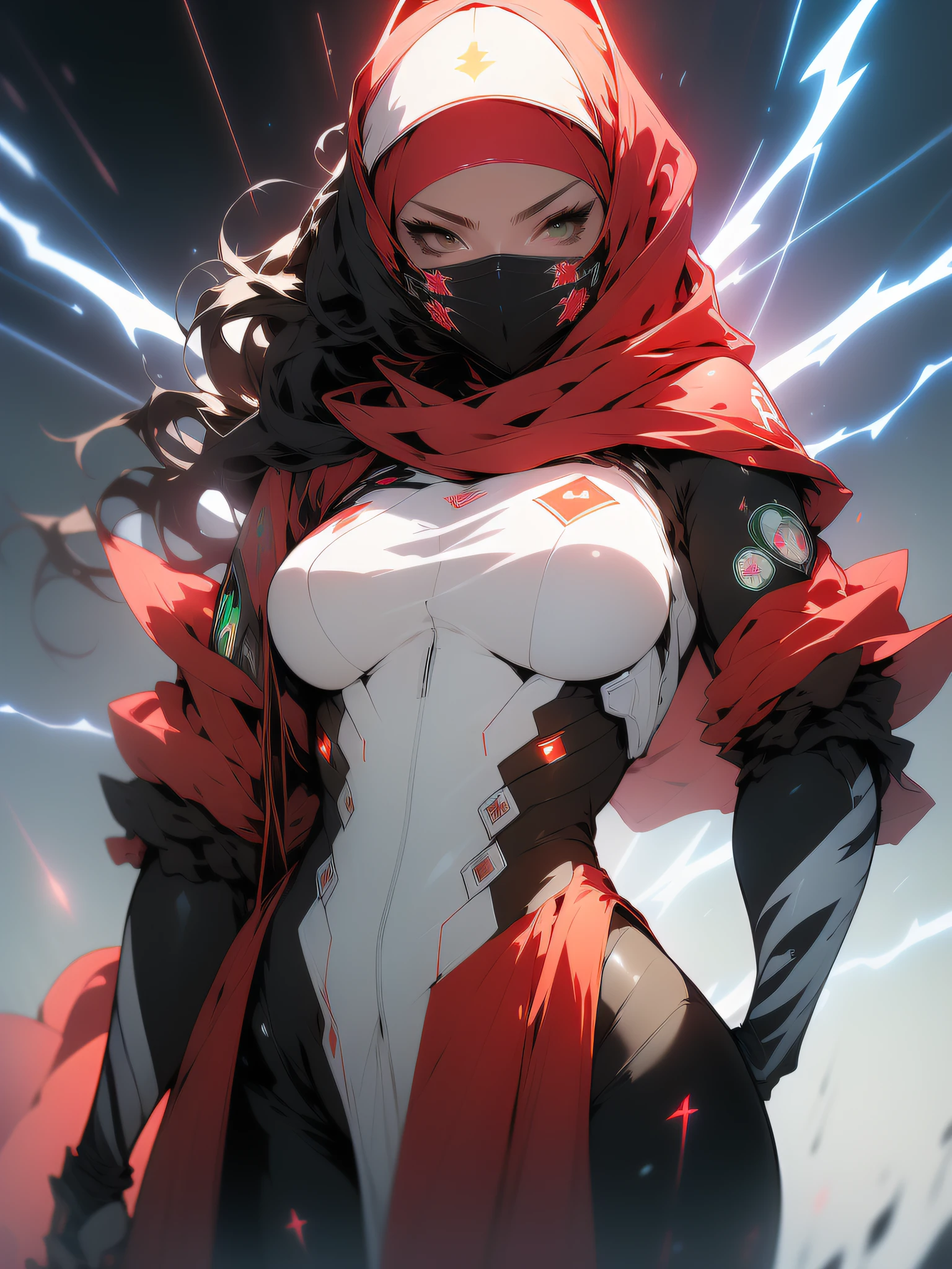 Spawn girl, hell,((Best quality)), ((masterpiece)), (detailed: 1.4), (Absurd), Fighter pilot (((Muslim woman wearing long dark red dress face covered)))), ((include double-headed eagle of Albania flag)), ready for war, dark skinned, middle eastern woman, sculptural body with defined muscles, closed mouth, muscular body covered by a Hoyoverse-style technological dress,  Honkai Impact, Geishin Impast, veil covering the face, Veil covering the head, whole body covered by clothing, ((small breasts)), (green eyes without pupils), (((very dark red and black clothing)), (((white wavy hair fulfilled)), (thin white stripes on the green covering the breasts), (image of a Persian sword on the arms), (((lightning ray drawings on the arms)), very long eyelashes,  heavy eye makeup, lots of jewelry, by mucha, niji --V5, close to real, psychopathic, crazy face, sexy pose, background with a giant Gundam style robot head, 2 piece clothing, shoulder pads, airplane wings on the back, pastel, centered, scale to fit dimensions, HDR (High Dynamic Range),Ray Tracing,NVIDIA RTX,Super-Resolution,Unreal 5, Subsurface Dispersion, PBR Texture, Post-processing, Anisotropic Filtering, Depth of Field, Maximum Clarity and Sharpness, Multilayer Textures, Albedo and Specular Maps, Surface Shading, Accurate Simulation of Light-Material Interaction, Perfect Proportions, Octane Render, Two-Tone Lighting, Wide Aperture, Low ISO, White Balance, Rule of Thirds, 8K RAW, Crysisnanosuit
