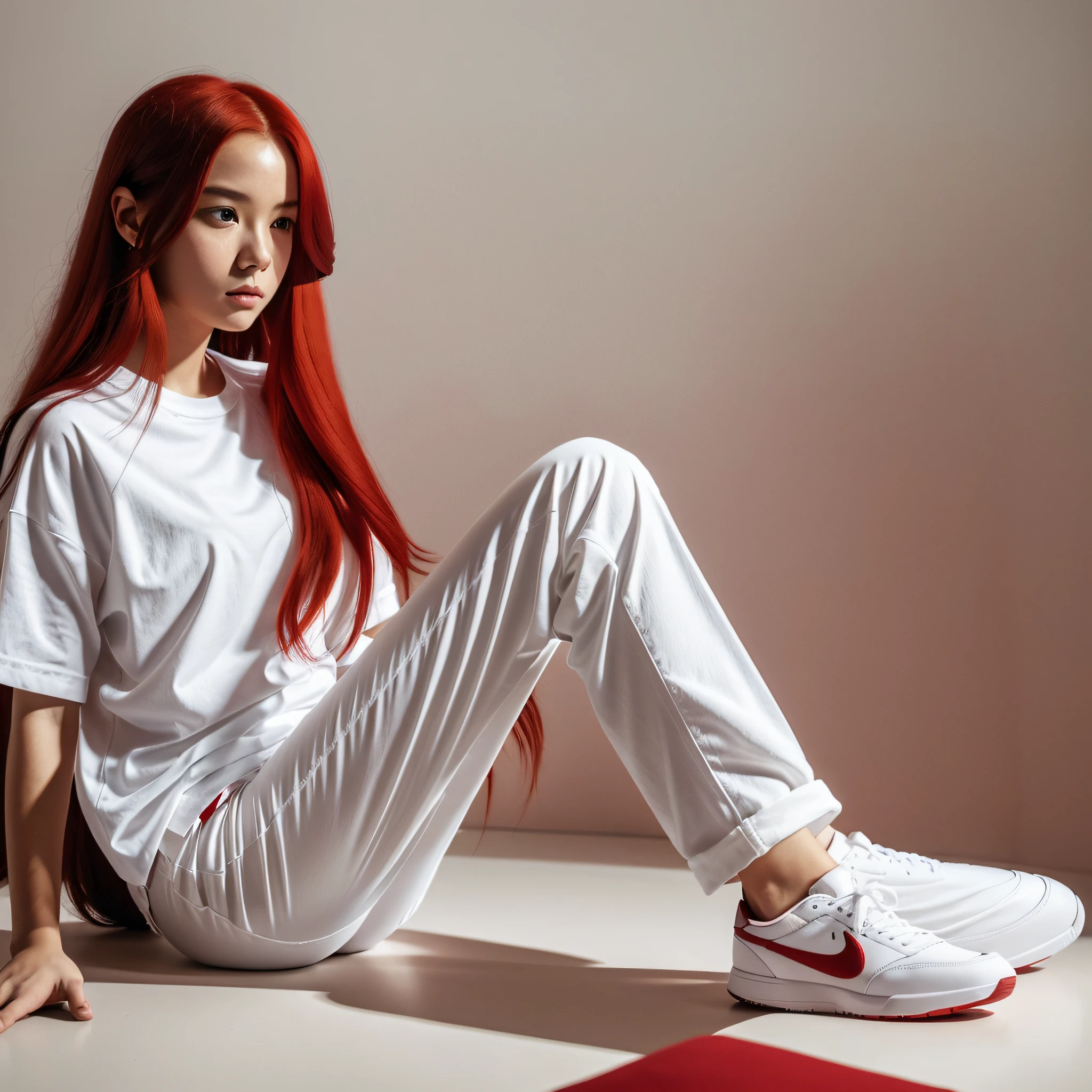 a woman in a white shirt and red pants is playing video game, simple style, wearing elegant casual clothes, muted red, simple clothes, milk and red style, casual clothing style, modern fashion outfit, wearing a fisher , casual modern clothing, inspo, red clothes, red pants, neutral tones, rred and white color scheme, casual business outfit, scary face, nike shoes, 22 years old, adult face, long hair, ((red hair)) --auto --s2