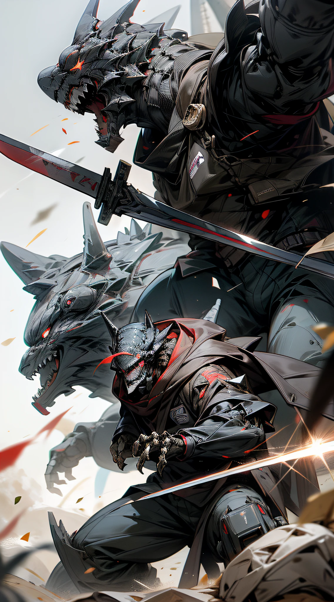mecha godzilla, robot, no_human, holding a sword, glowing red eyes, pose with a sword