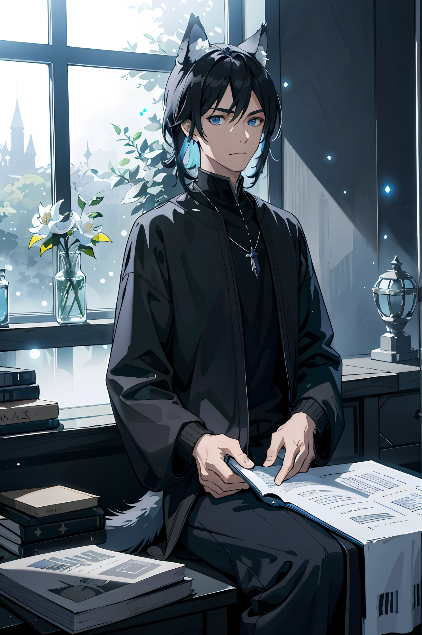 ((Masterpiece)), Best Quality, ((1 man)), ((solo)), adult, tall, muscular, handsome, inflated abs, ((black blue hair, blue eyes)), medium hair length, hands in pockets, bangs to the eyes, tousled hair, cold look, (fair skin), bruises under the eyes, wolf ears, ((wolf fluffy tail)), sharp fangs, deep neckline on the chest, ((finely detailed eyes: 1.3)), ear piercings, (intricate details), wizard, spell book with a variety of spells, potion bottles with various ingredients, (details on clothes:1.2), HD, 8K, ancient magic laboratory, detailed background, ((silver jewelry)), dark room, ((pale colors)), full-length, white lily flowers, stroke drawing, ((solo)), stone walls, many books, potions, alchemical bottles, ((pastel colors, soft transition of shades)), delicate tones, sitting on the windowsill, ((black elegant clothes: 1.3)), (black sweatshirt), ((perfect fingers)), silver rings, (((perfect anatomy))), Ray Tracing, NVIDIA RTX, Super-Resolution, Unreal 5, Subsurface Scattering, PBR Texturing, Post-Processing, Anisotropic Filtering, Depth-Of-Field ,Maximum Clarity And Sharpness, Multi-Layered Textures, Albedo And Specular Maps, Surface Shading, Accurate Simulation Of Light-Material Interaction, Octane Render, Two-Tone Lighting, Low ISO, White Balance, Rule Of Thirds, Wide Aperture, 8K RAW, Efficient Sub-Pixel, Sub-Pixel Convolution, (Luminescent Particles:1.4), {{Masterpiece, Best Quality, Extremely Detailed CG, Unity 8k Wallpaper, 3D, Cinematic Lighting, Lens Flare}},