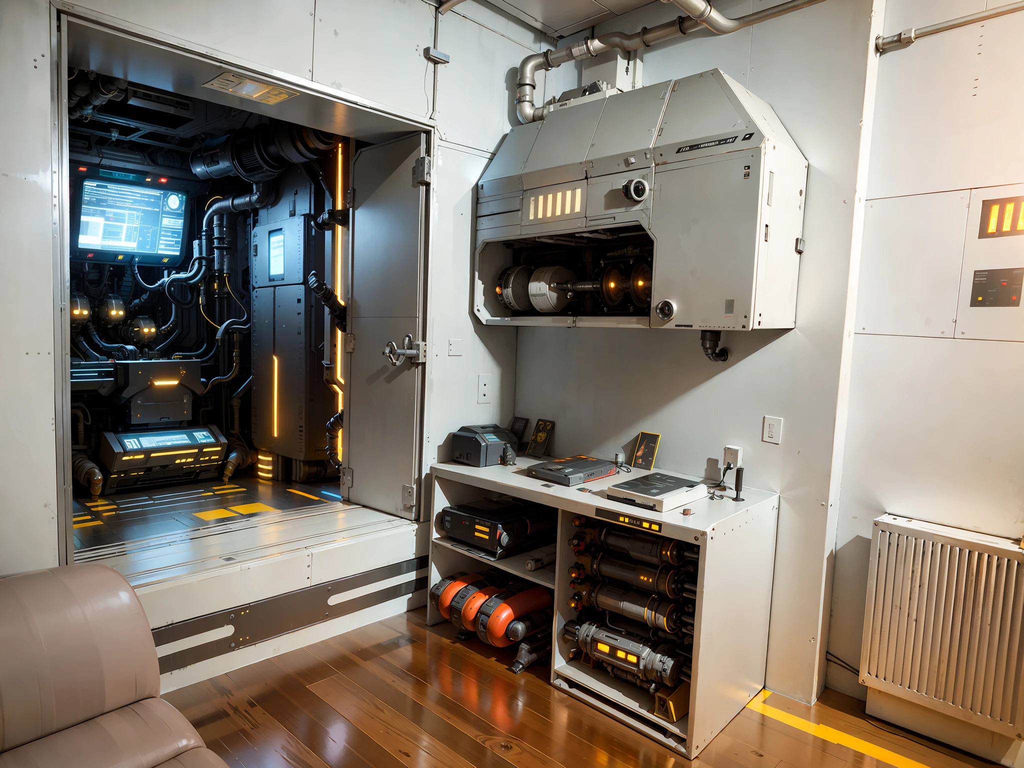 A sci-fi heavy metal room, metal, prominent parts, complex machine structure and parts, vertical and horizontal pipes, metal texture, battle damage, sense of technology, strong contrast lighting, science and technology background, background paste HD, transformer style, 8K, realism,