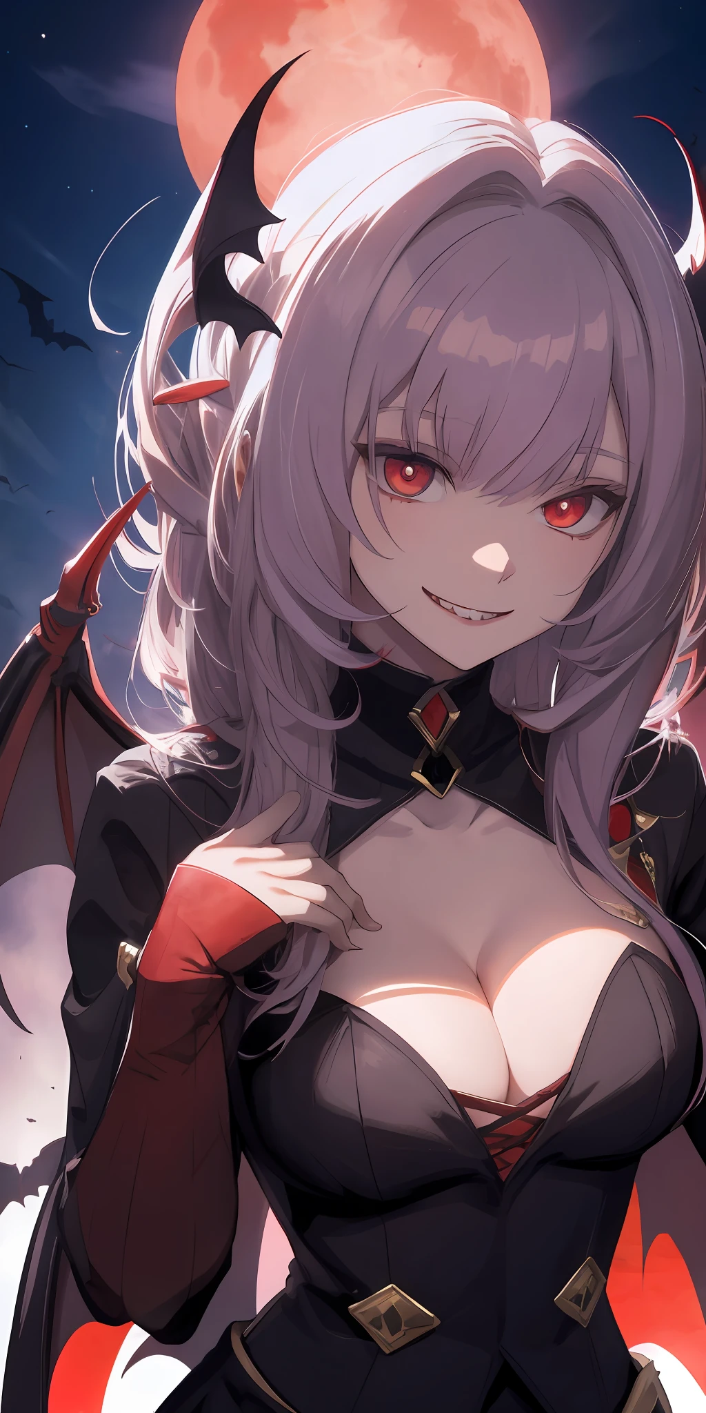 Vampire, bat wings, night sky, red moon, yandere smile, psychopathic smile, blood on face, blooded background, evil smile, teeth fangs, eyes shaped symbol| + |, cleavage, hq, 8k