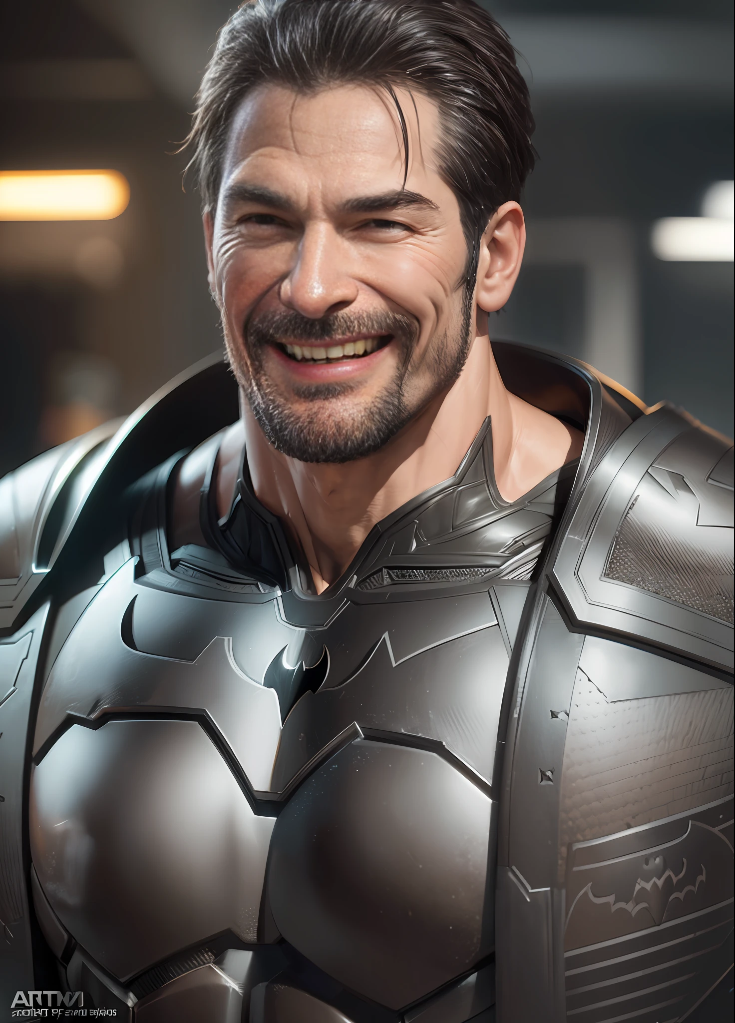 Batman Armor, Bodybuilder, Dark Laughing, (Photorealistic), (Soft and Cinematic Lighting), (Ultra-Realistic Details), (Ultra-High Definition, 16K Resolution), (High-Quality Octane Texture), (Trending on ArtStation --auto --s2
