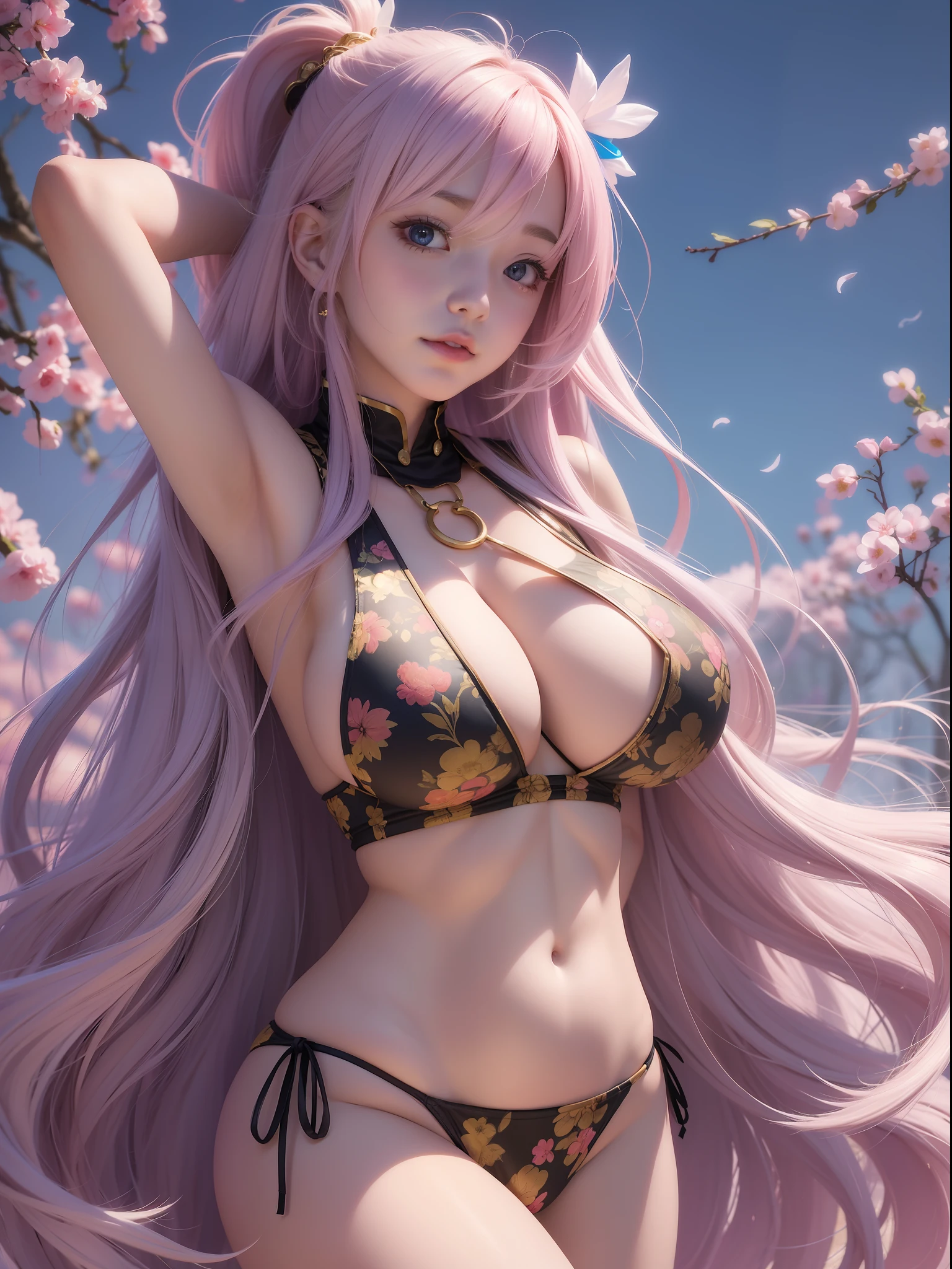 anime girl with absolutely beautiful long hair, sexy bikini, anime moe artstyle, cute anime girl, cute anime girl portrait, pretty anime girl, portrait of cute anime girl, kawaii realistic portrait, anime visual of a cute girl, cute anime girl portraits, portrait anime girl, anime style portrait, beautiful anime girl, full body, smile, (huge boobs:1.5), navel, thin waist, (big hip), Thighs, from bellow