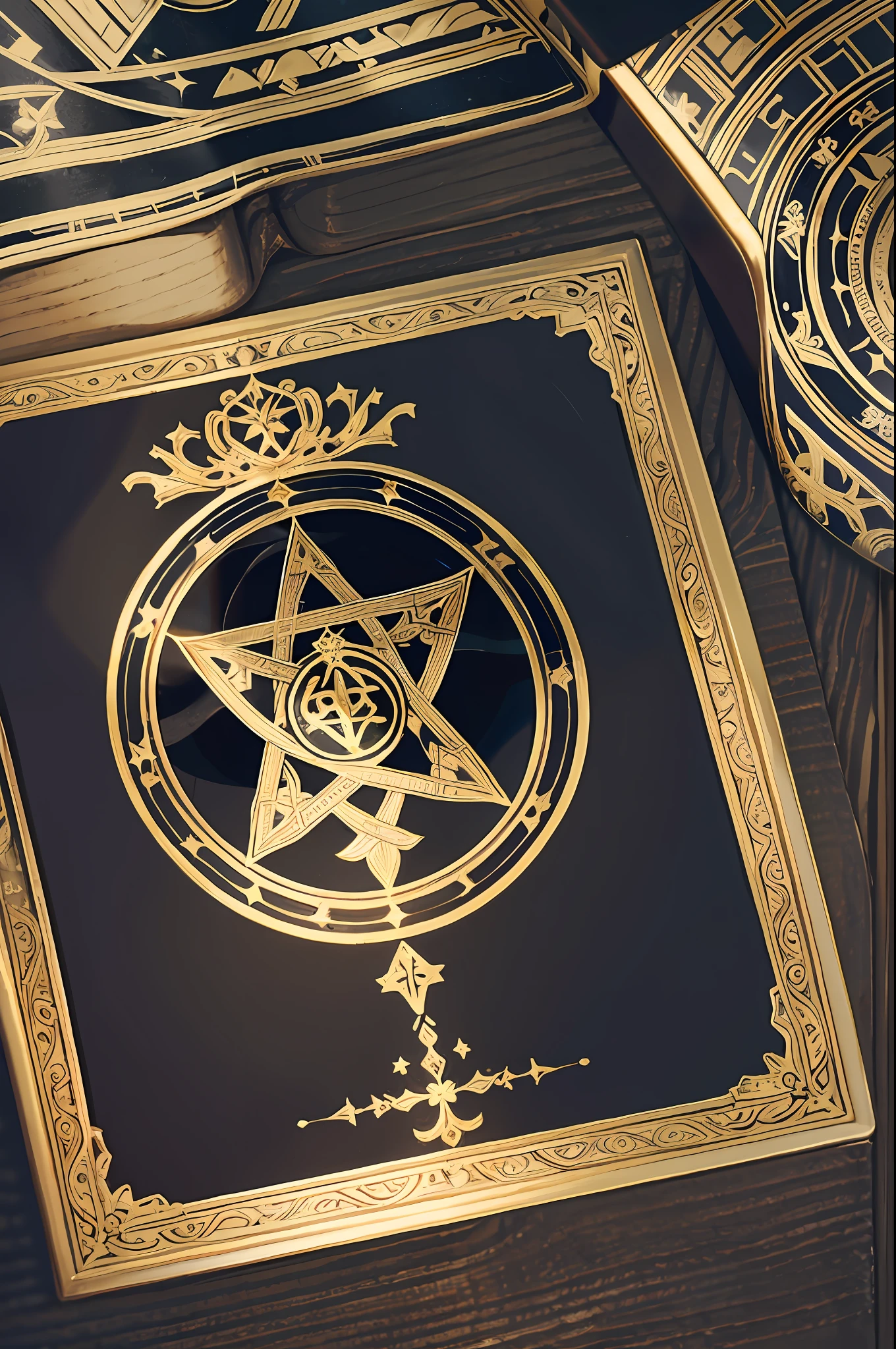Closeup An illustration of A book with the black cover with a sacred symbol in the middle in gold. Medieval, anime.