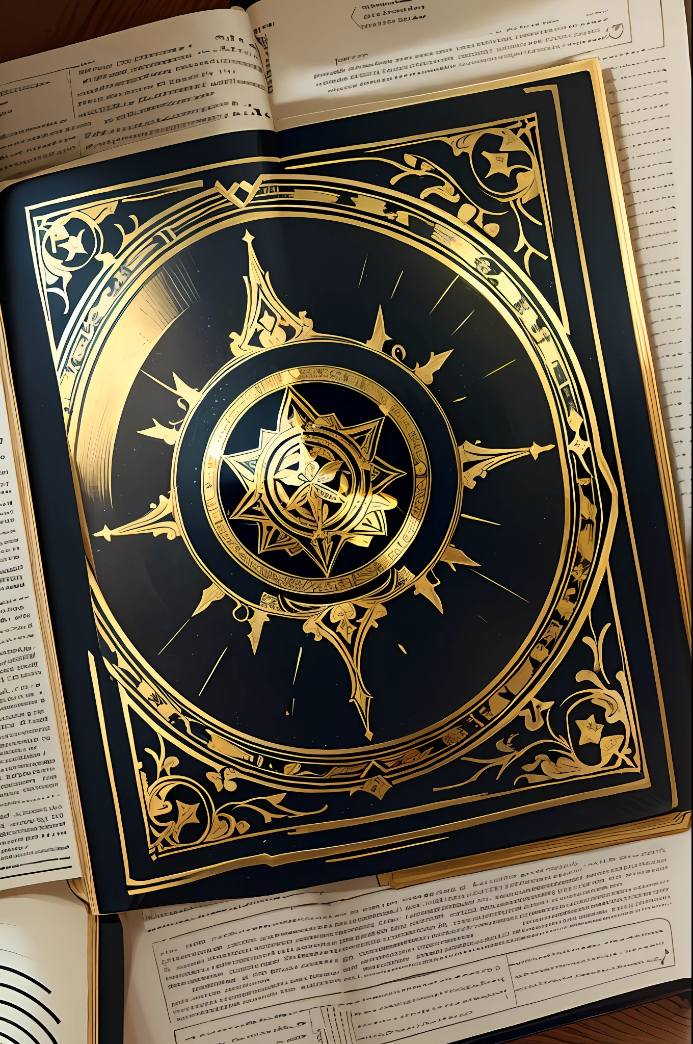 Closeup An illustration of A book with the black cover with a sacred symbol in the middle in gold. Medieval, anime.