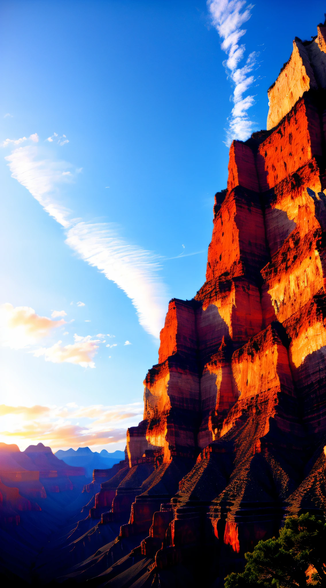 Blue sky and white clouds, towering mountain peaks, sunset like blood, Grand Canyon waterfall pouring down.