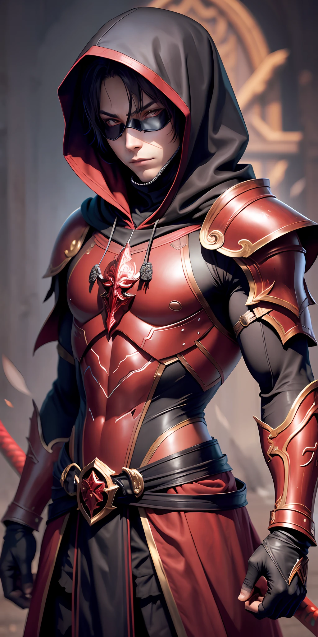 1boy, toned, red masquerade, slim, HD, vibrant, masterpiece, body vision upper, sturdy black armor, (wearing hood over head), katana and left hand, --auto --s2