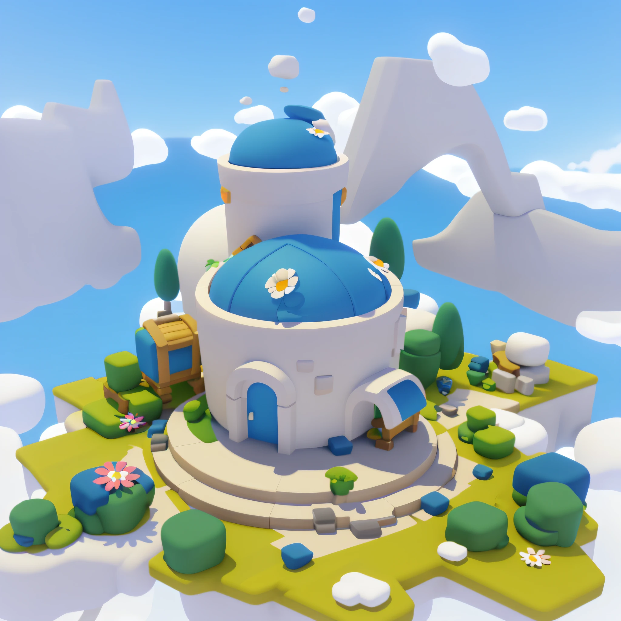 Game architectural design, cartoon, stone, blue sky, white clouds, flowers, casual game style, 3d, blender, closeup, masterpiece, super detail, best quality
