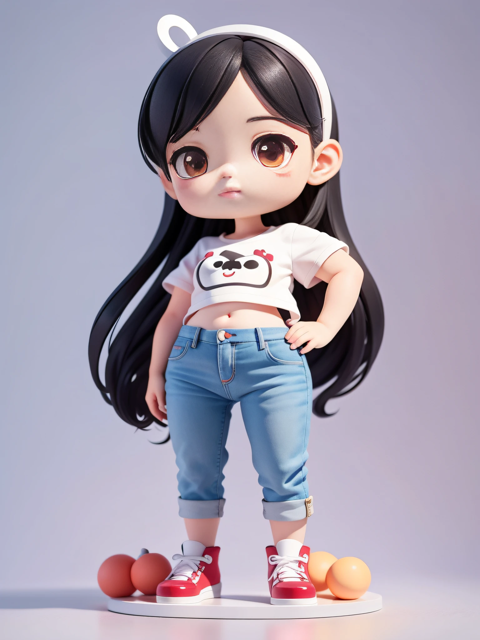 Cartoon girl standing in jeans and white shirt, black hair, face with red halo, cute cartoon style, cute cartoon character, chibi girl, cute cartoon, cute art style, character is her natural pose, cartoon cute, cartoon art style, cartoon style illustration, chibi style, cute illustration, full body portrait short! , simple cartoon style, cartoon art style, in cartoon style