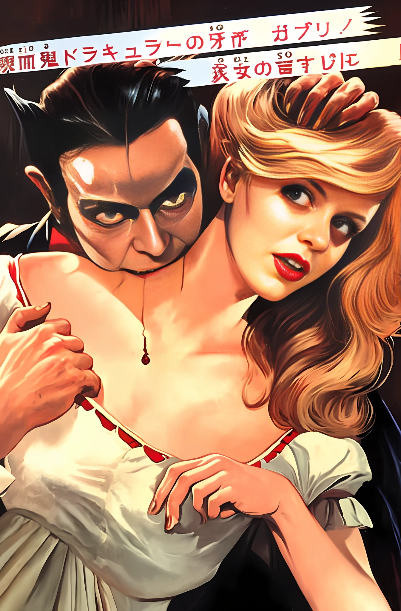 a close up of a woman holding a man in a vampire costume, vintage horror art, movie poster painting, retro pulp art, vintage pulp art, victorian vampire, vintage horror, vampires fantasy, pulp illustration, by Jason Edmiston, elegant horror artwork, pulp art, count dracula, martin ansin, old retro pulp noir comic cover, by Ignacio Zuloaga