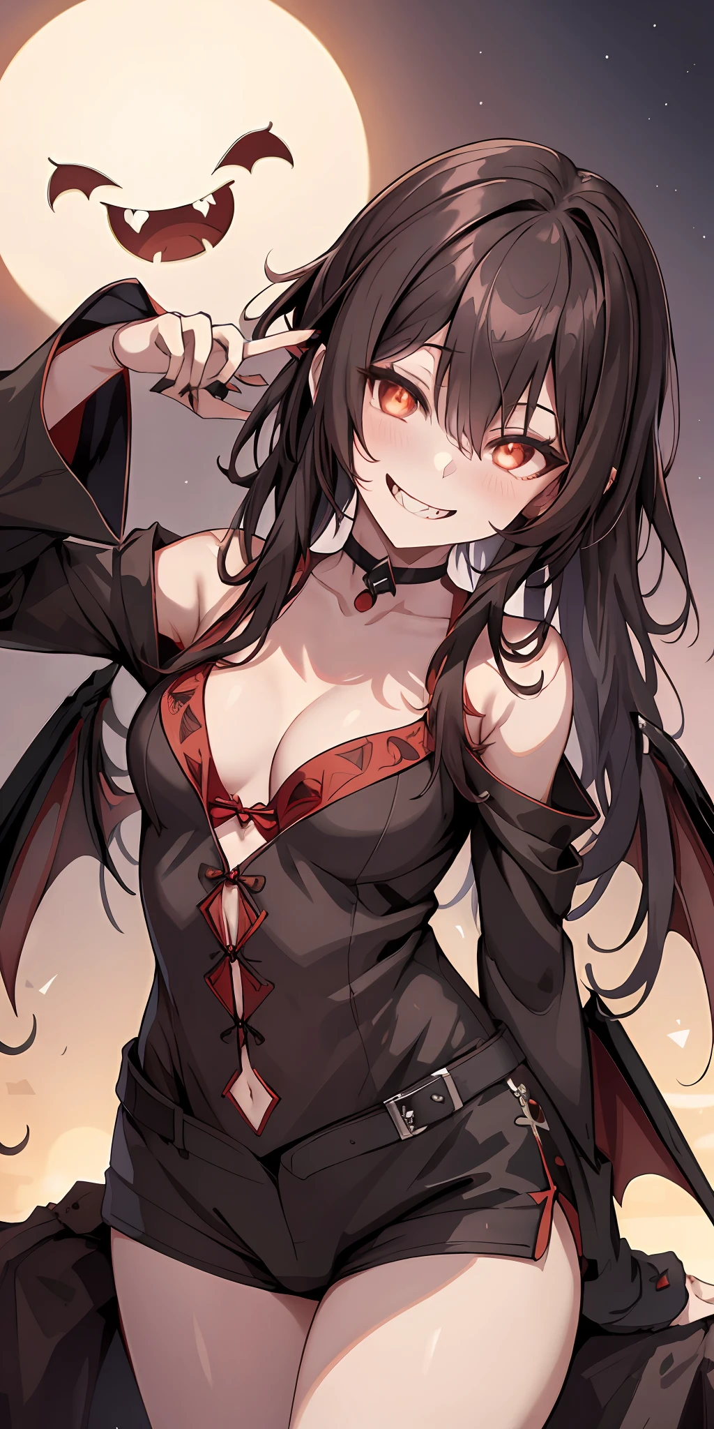 Vampire, bat wings, night sky, red moon, yandere smile, psychopathic smile, blood on face, blooded background, evil smile, teeth fangs, eyes shaped symbol| + |, cleavage, hq, 8k, large breasts, cleavage focus, spaceship background, blood on walls, panties down, squeezed boobs