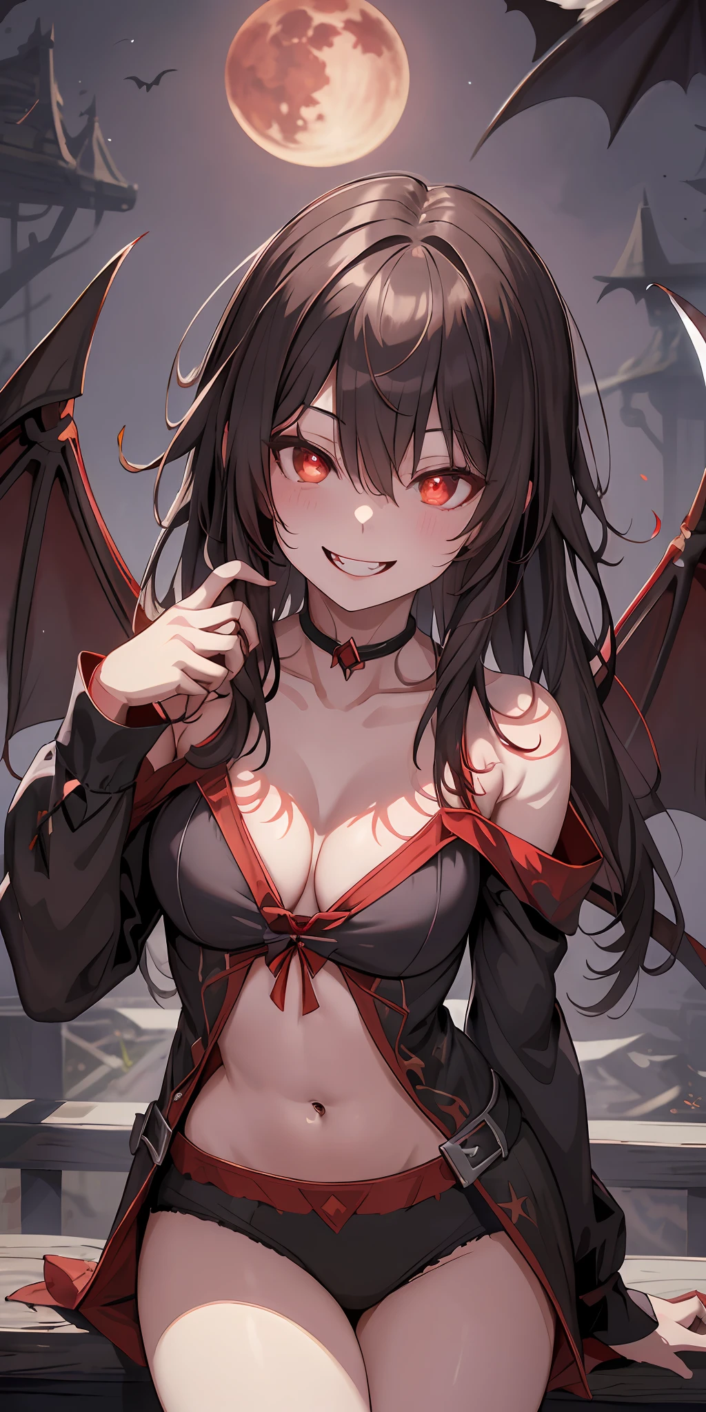 Vampire, bat wings, night sky, red moon, yandere smile, psychopathic smile, blood on face, blooded background, evil smile, teeth fangs, eyes shaped symbol| + |, cleavage, hq, 8k, large breasts, cleavage focus, spaceship background, blood on walls, panties down, squeezed boobs