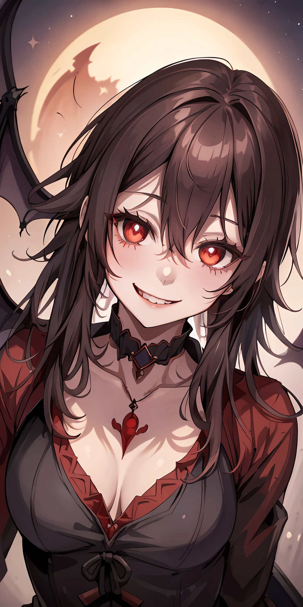 Vampire, bat wings, night sky, red moon, yandere smile, psychopathic smile, blood on face, blooded background, evil smile, teeth fangs, eyes shaped symbol| + |, cleavage, hq, 8k, large breasts, cleavage focus, spaceship background, blood on walls, panties down, squeezed boobs