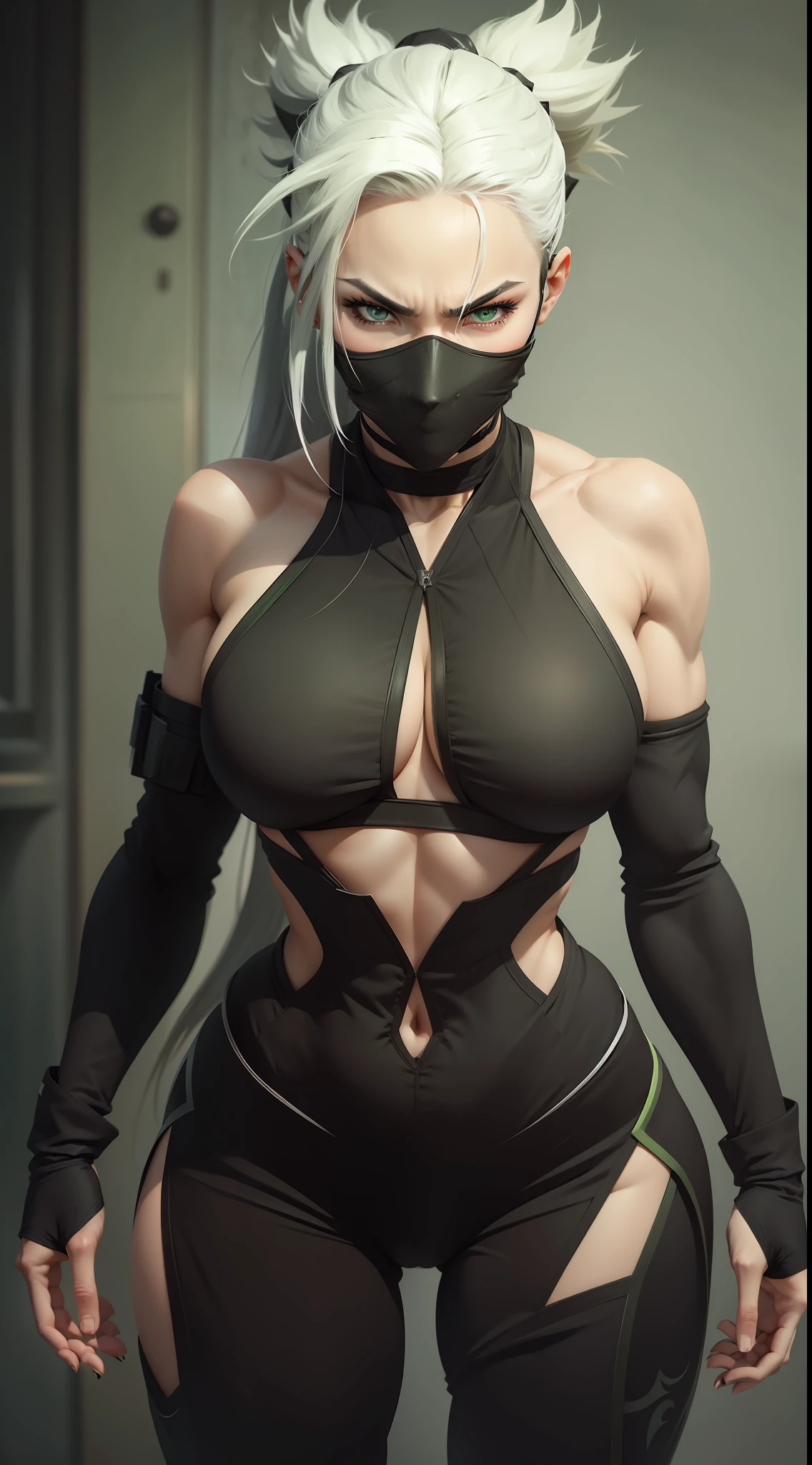 ninja, black ninja suit, pretty face, serious face, white hair, green eyes, perfect body, fit body, big breasts, muscular, black mouth mask,