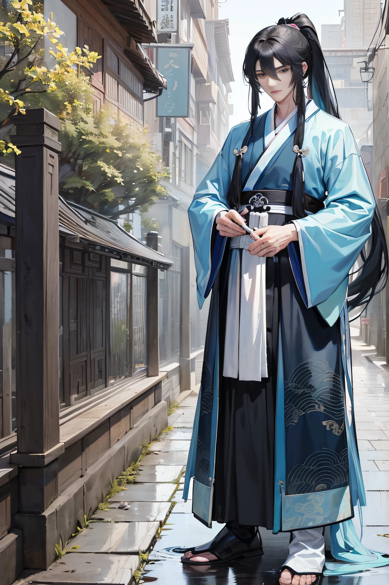 Masterpiece, Superb Style, Two Men, Chinese Style, Ancient Chinese, Black Hair, Gray and Blue Eyes, Split Hair, Long Hair, Long Bangs, High Ponytail, Handsome, Masculine, Gentle, Tall, Quiet, Cyan Robe, Outdoor, Wind Comfort, Young Man, Sad, Posture, (Hanfu, Ming Style), (Ming Architectural Background)