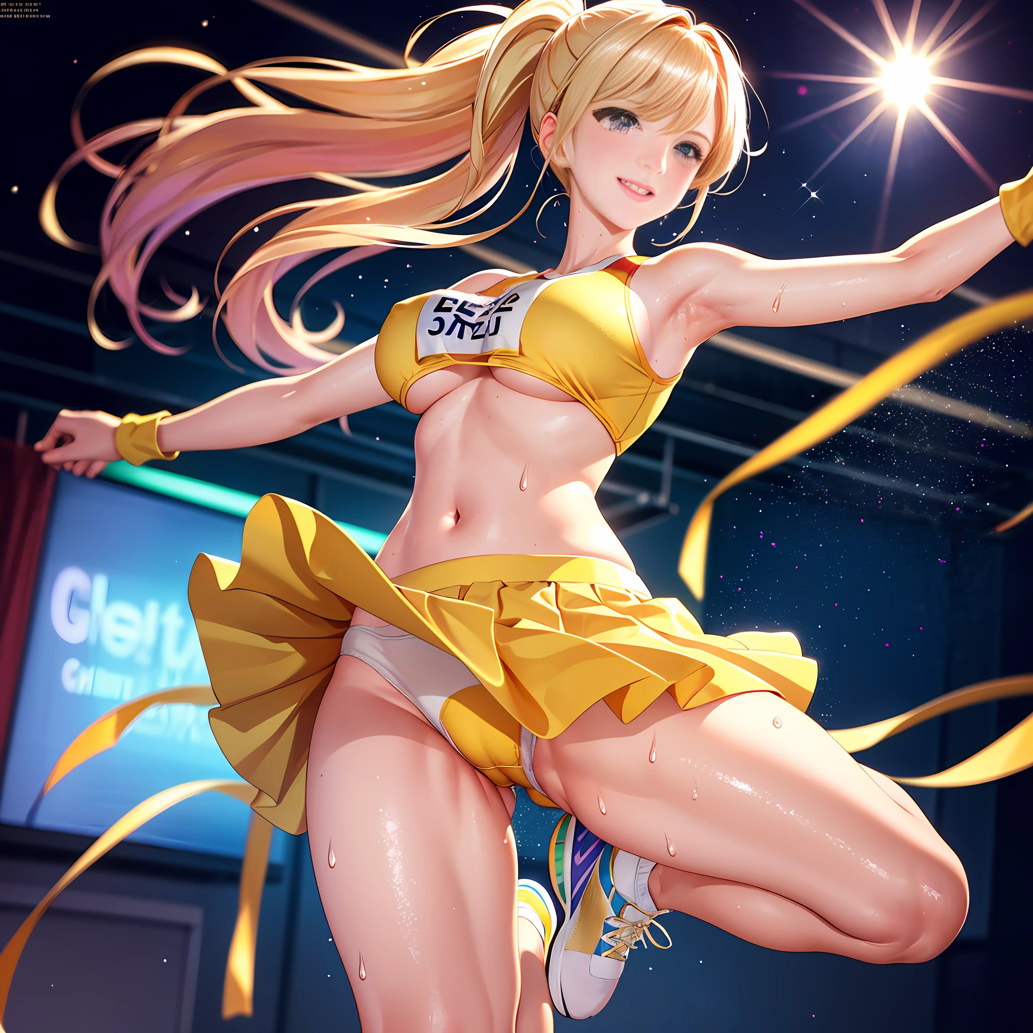 High Definition CG8K Wallpaper), (Very Delicate and Beautiful), (Best Quality:1.0), (Ultra High Definition:1.0), (Very Delicate Hair), Realistic Shadows, [High Definition], Detail Skin, (Very Delicate Eyes), Cheerleader, (Full Body), Big Breasts, Sweat-Wet Clothes, Yellow Clothes, Mini Skirt, Navel Cheer, School Gym, (Jump), (JUMP), Jumping with Legs Bent, Air, Smile, Glitter Background