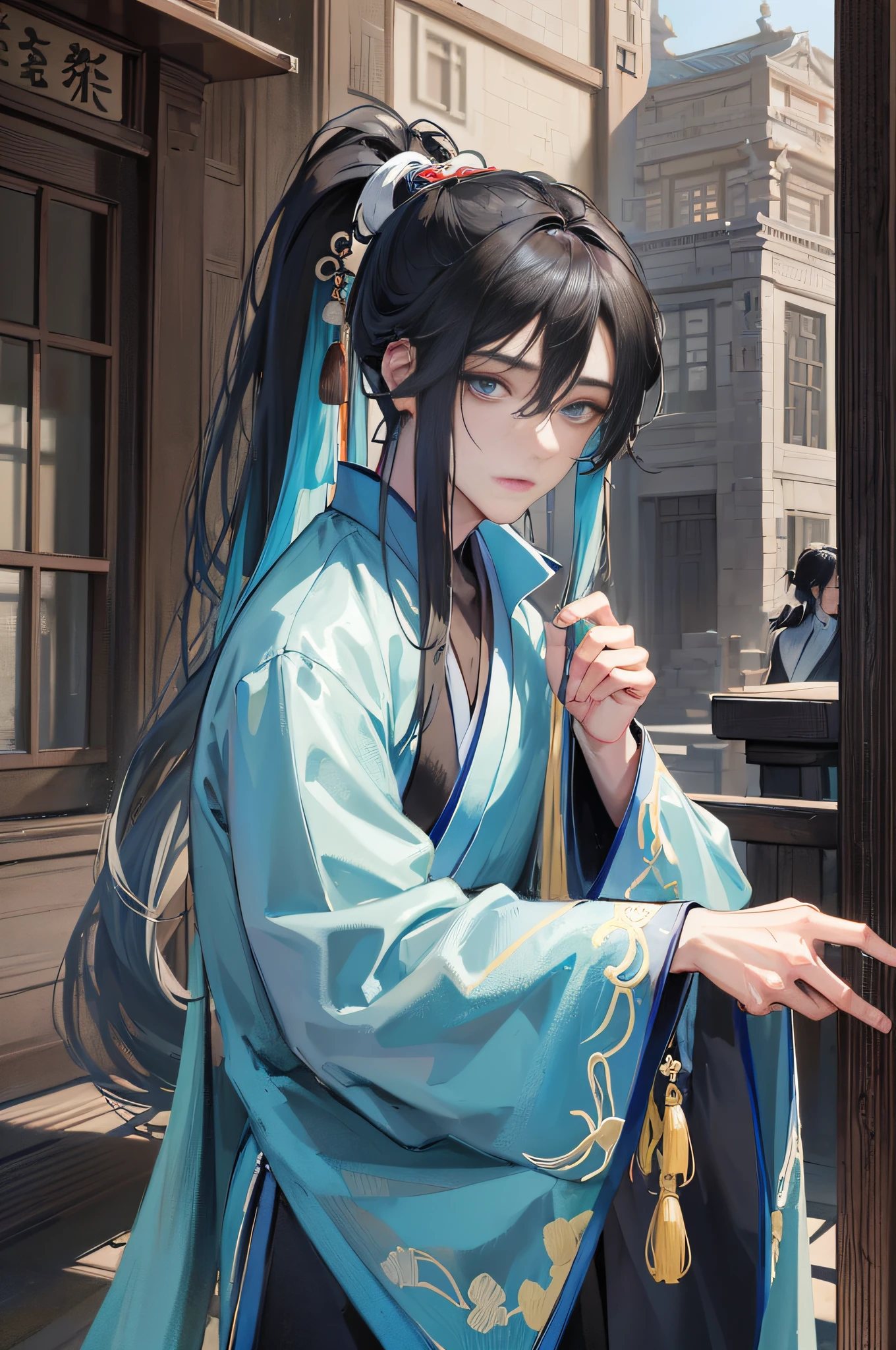 Masterpiece, Superb Style, Two Men, Chinese Style, Ancient Chinese, Black Hair, Gray and Blue Eyes, Split Hair, Long Hair, Long Bangs, High Ponytail, Handsome, Masculine, Gentle, Tall, Quiet, Cyan Robe, Outdoor, Wind Comfort, Young Man, Sad, Posture, (Hanfu, Ming Style), (Ming Architectural Background)