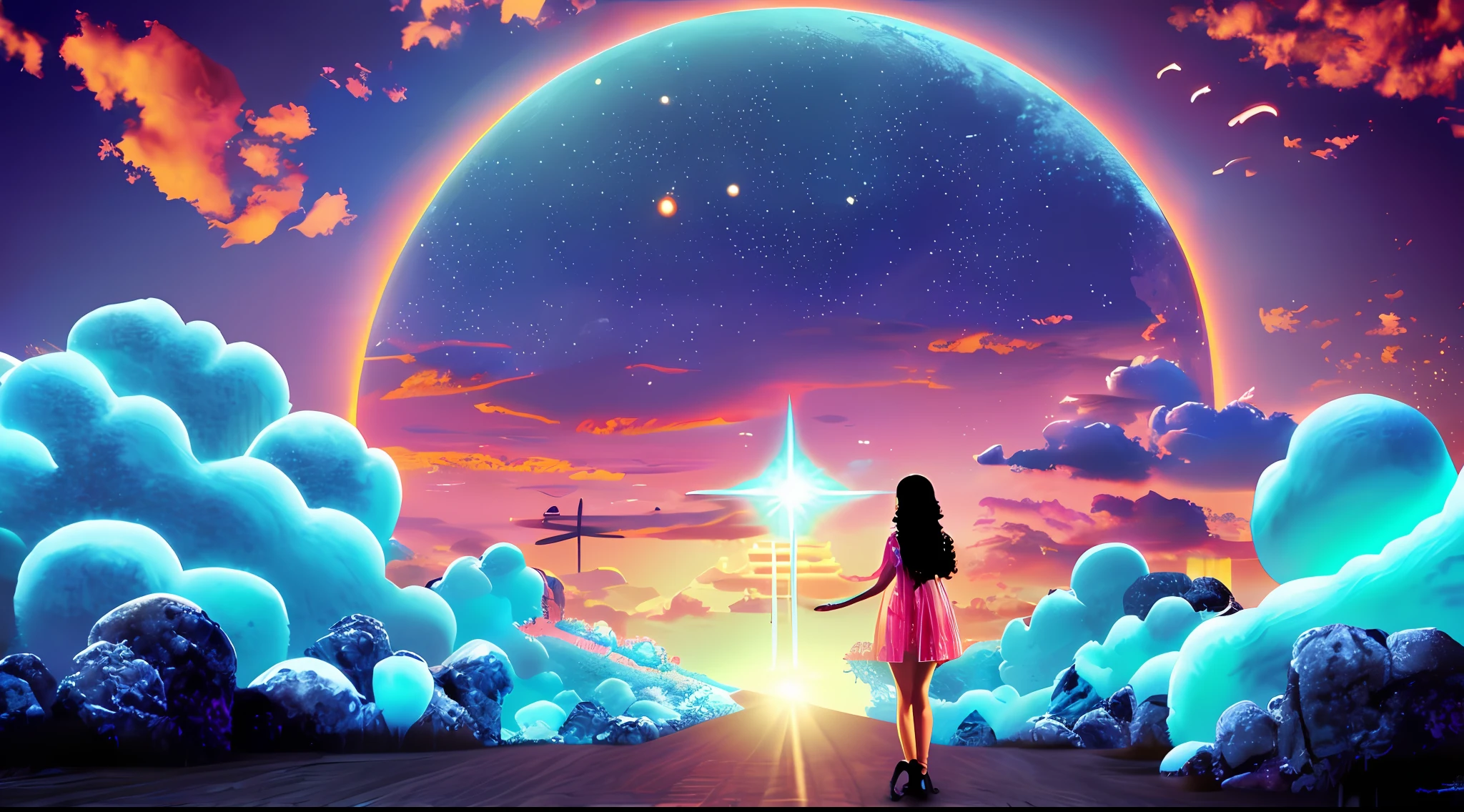 Heaven if it were a beautiful landscape with the moon and the sun and girl, cyberpunk, volumetric, neon, clouds, bright lights, angelic