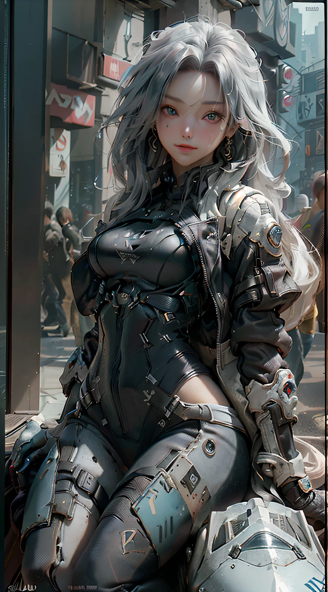 ((Best Quality)), ((Masterpiece)), (Detail: 1.4), 3D, A Beautiful Cyberpunk Female Figure, HDR (High Dynamic Range), Ray Tracing, NVIDIA RTX, Super-Resolution, Unreal 5, Subsurface Scattering, PBR Texture, Gray Hair, Incredibly Long Hair, Smile, Look Over, Sitting on a Motorcycle, Post-Processing, Anisotropic Filtering, Depth of Field, Maximum Clarity and Clarity, Multi-layered Texture , Albedo and Specular Mapping, Surface Coloring, Accurate Simulation of Light-Material Interactions, Perfect Proportions, Octane Render, Bicolor Light, Large Aperture, Low ISO, White Balance, Rule of Thirds, 8K RAW,