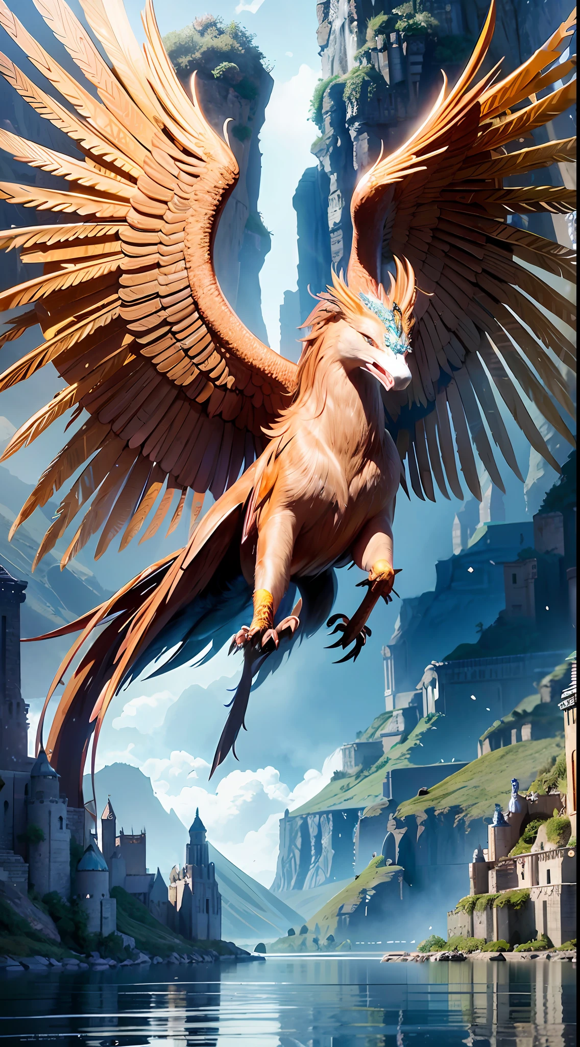 Fantastic Beasts concept art, mythical beast golden phoenix design with glittering feathers, flying in the air, ancient Chinese mythology, lady luck cloud background beast, sapphire blue eyes, epic HD CG rendering, majestic and majestic, lifelike, aqua blue as the sea, reflection, cinematic post-processing, lots of fine detail, depth of field, surrealism and cyberpunk style, octane rendering, fantasy engineering 32K