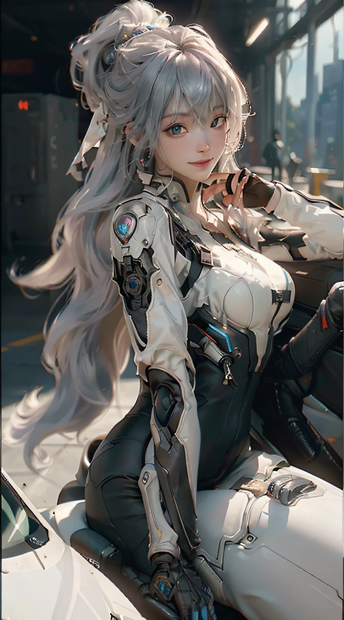 ((Best Quality)), ((Masterpiece)), (Detail: 1.4), 3D, A Beautiful Cyberpunk Female Figure, HDR (High Dynamic Range), Ray Tracing, NVIDIA RTX, Super-Resolution, Unreal 5, Subsurface Scattering, PBR Texture, Gray Hair, Incredibly Long Hair, Smile, Look Over, Sitting on a Motorcycle, Post-Processing, Anisotropic Filtering, Depth of Field, Maximum Clarity and Clarity, Multi-layered Texture , Albedo and Specular Mapping, Surface Coloring, Accurate Simulation of Light-Material Interactions, Perfect Proportions, Octane Render, Bicolor Light, Large Aperture, Low ISO, White Balance, Rule of Thirds, 8K RAW,