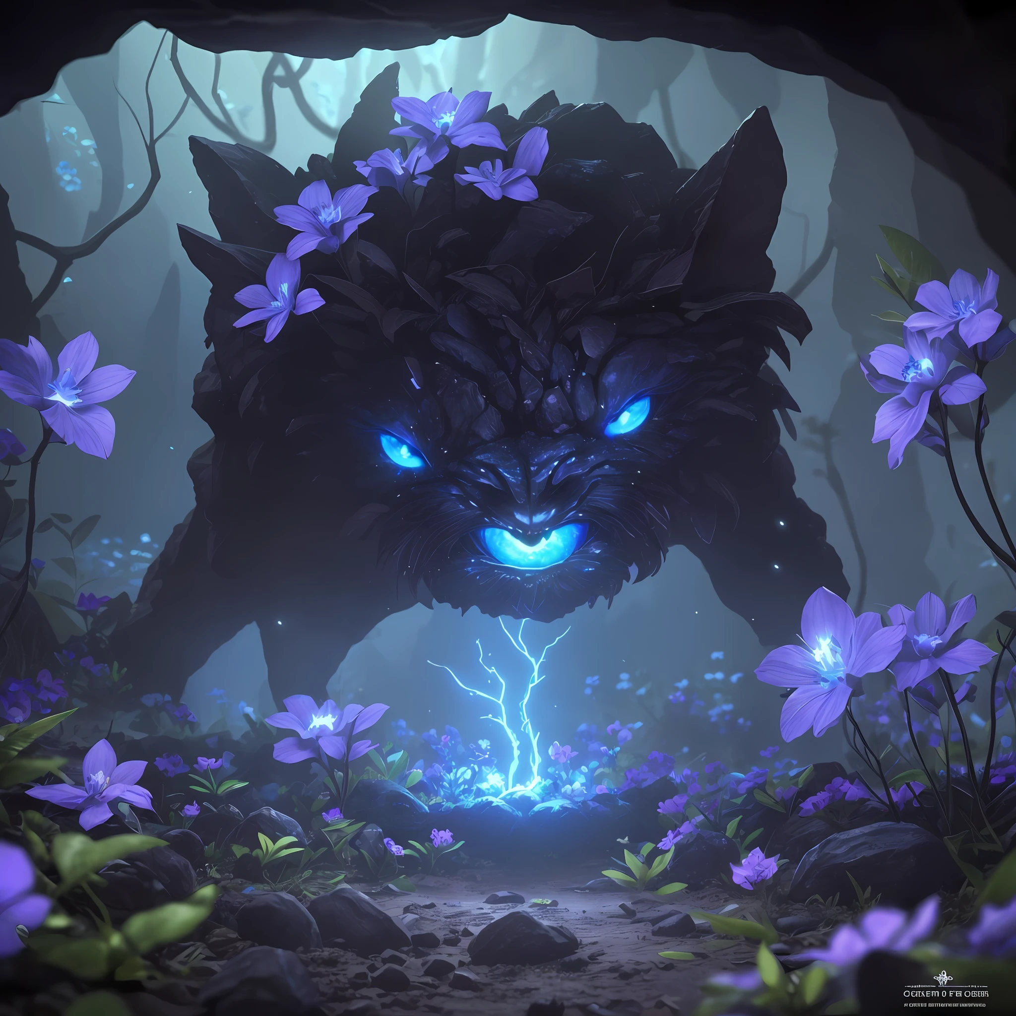 super high resolution, best quality, photo, 16k, (realistic: 1.2), cinematic lighting, A huge dark cave with blue-glowing flowers and plants growing inside it, a pair of eyes leaking out of the darkness above the cave, and tiny warriors crawling on the ground looking up desperately at those eyes. --auto --s2