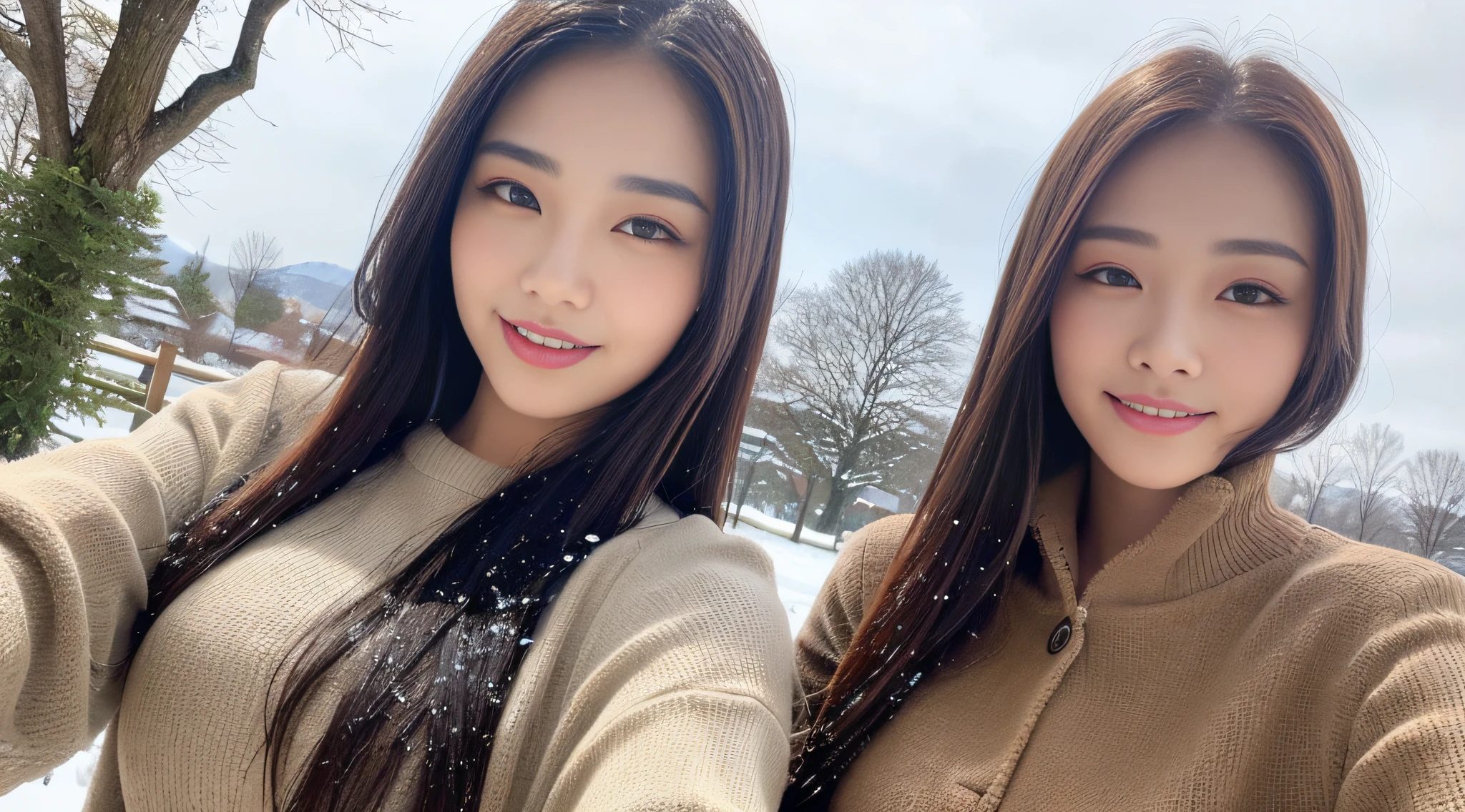 ((Best Quality, 8K, Masterpiece: 1.3)), Selfie, Sharp Focus: 1.2, Cute Beauty in Perfect Shape: 1.4, Slim Big Breasts: 1.2, ((Brown Black, Big Breasts: 1.2)), (, Happy Expression, Standing: 1.2), ((Snow, Snow: 1.3 Made with a female main focus)), Highly detailed face and skin texture, detailed eyes, double eyelids, smile.