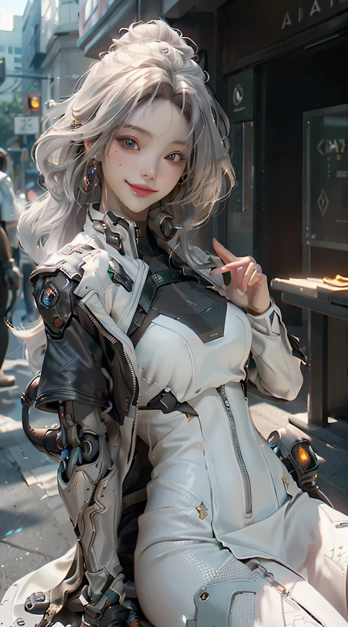 ((Best Quality)), ((Masterpiece)), (Detail: 1.4), 3D, A Beautiful Cyberpunk Female Figure, HDR (High Dynamic Range), Ray Tracing, NVIDIA RTX, Super-Resolution, Unreal 5, Subsurface Scattering, PBR Texture, Gray Hair, Incredibly Long Hair, Smile, Look Over, Sitting on a Motorcycle, Post-Processing, Anisotropic Filtering, Depth of Field, Maximum Clarity and Clarity, Multi-layered Texture , Albedo and Specular Mapping, Surface Coloring, Accurate Simulation of Light-Material Interactions, Perfect Proportions, Octane Render, Bicolor Light, Large Aperture, Low ISO, White Balance, Rule of Thirds, 8K RAW,