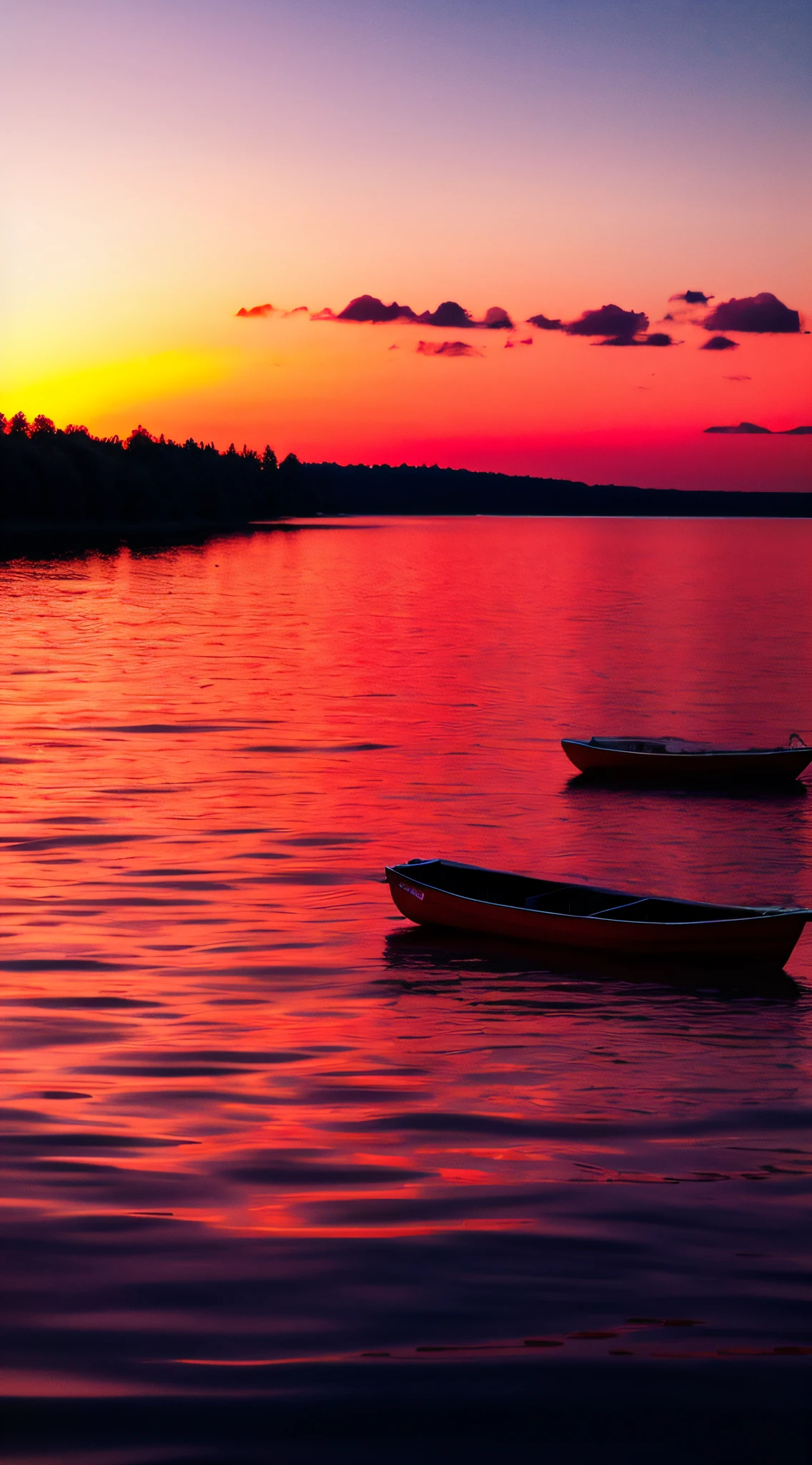 In the distance, boats float on the lake stained red by the sunset, and white clouds scatter in the sky, soft and dreamy.