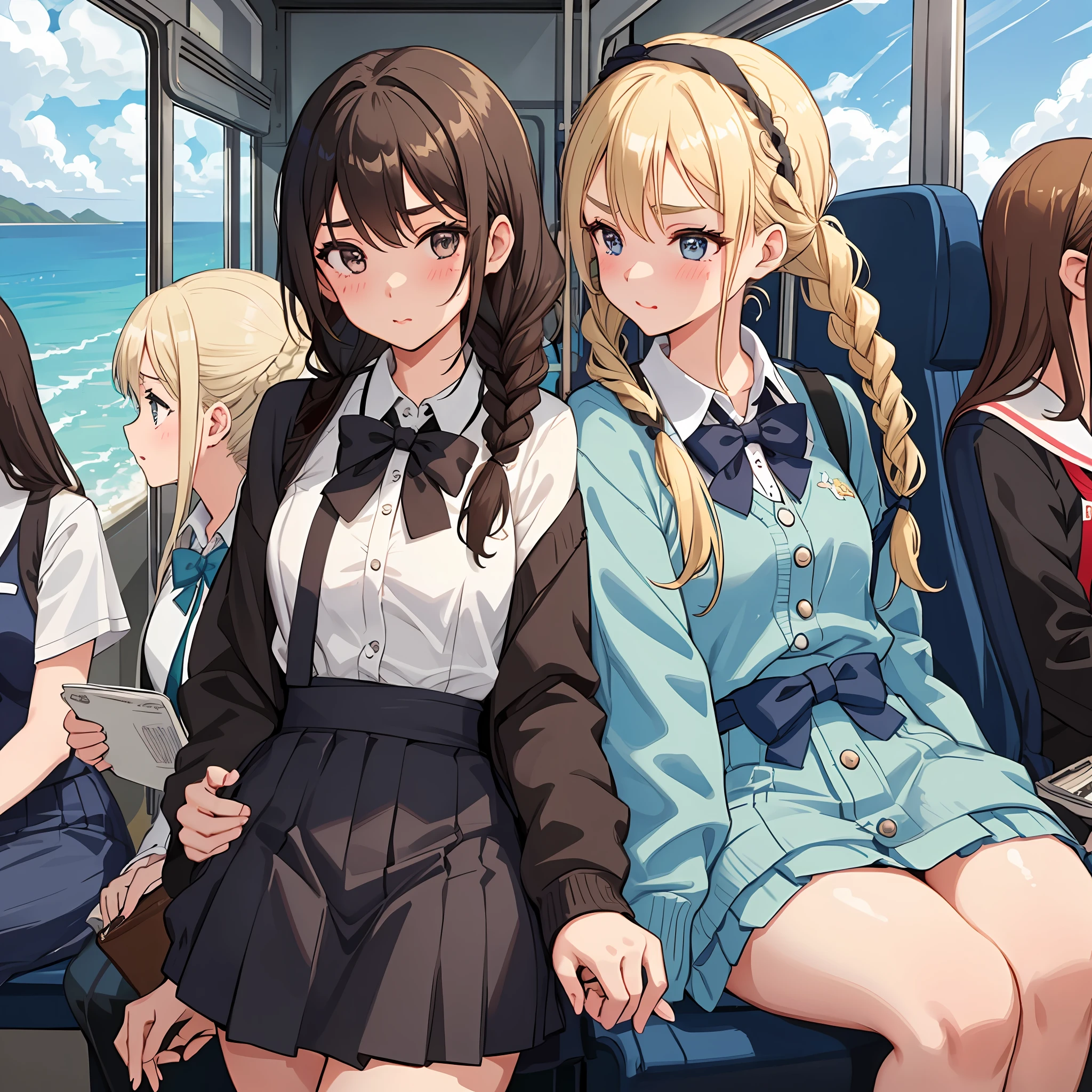 On the bus, lots of gals, 5 gals, all passengers are gals, full, nerdy friendly gals, school swimsuits, small, pigtails, female brats, thick eyebrows, thin waist, beautiful blonde, braids, (masterpiece), ((highest quality)), (super detailed), girl, clean and detailed face, five fingers, textile shading, perfect anatomy,