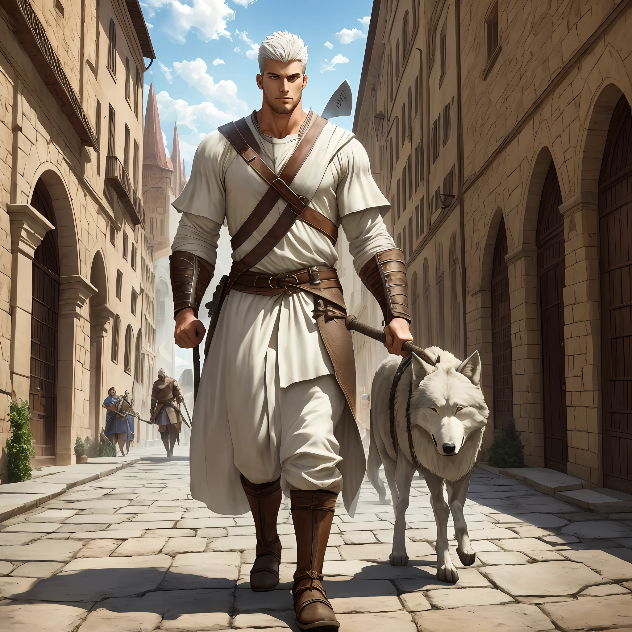 Tall Muscular Young Man With With short White Hair, no Beard, Holding a War Axe, Walking in a Medieval Square With a Gigantic With Wolf on his side, Realistic, Full HD, Best Quality. --auto --s2