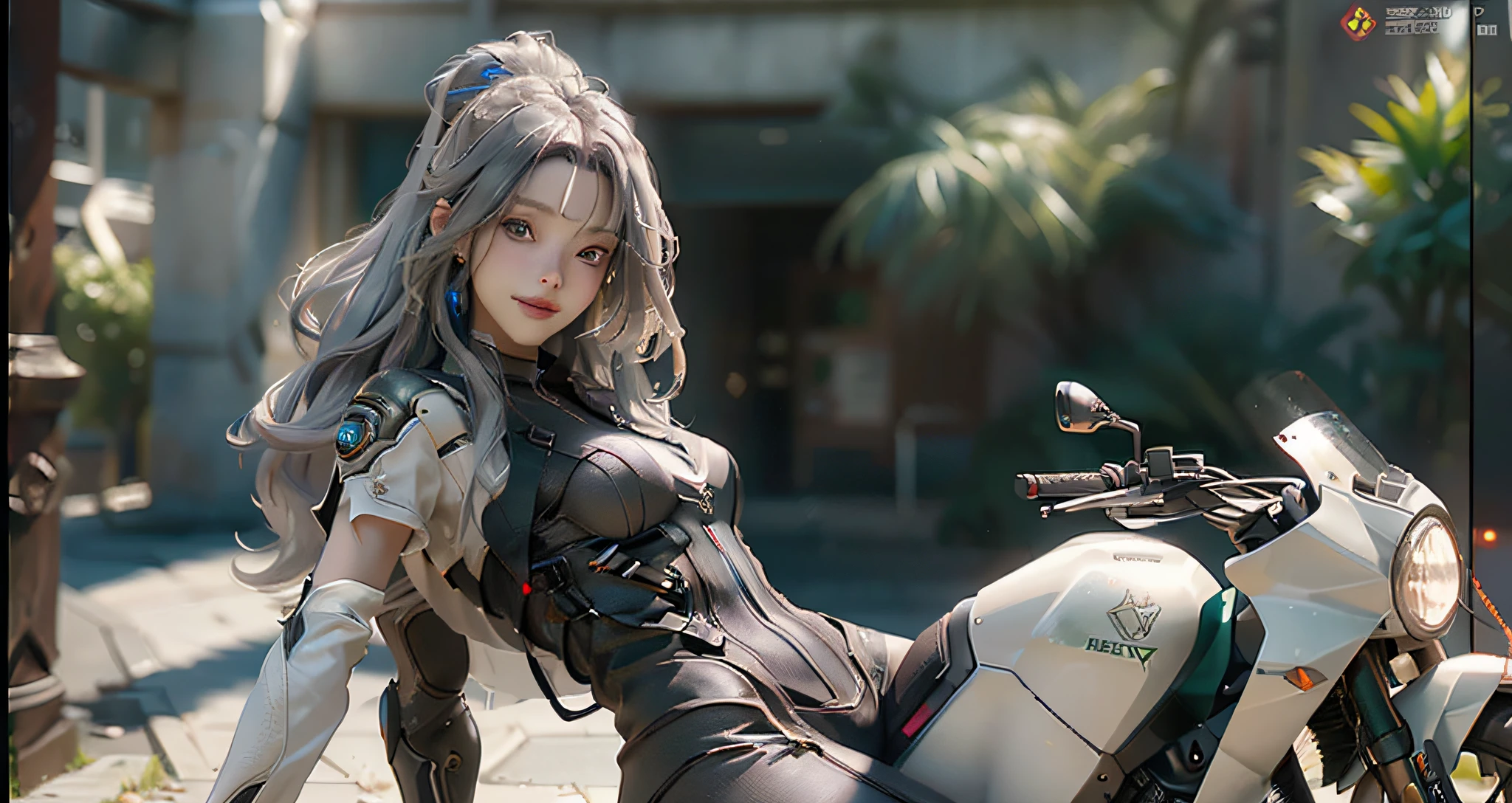 ((Best Quality)), ((Masterpiece)), (Detail: 1.4), 3D, A Beautiful Cyberpunk Female Figure, HDR (High Dynamic Range), Ray Tracing, NVIDIA RTX, Super-Resolution, Unreal 5, Subsurface Scattering, PBR Texture, Gray Hair, Incredibly Long Hair, Smile, Look Over, Sitting on a Motorcycle, Post-Processing, Anisotropic Filtering, Depth of Field, Maximum Clarity and Clarity, Multi-layered Texture , Albedo and Specular Mapping, Surface Coloring, Accurate Simulation of Light-Material Interactions, Perfect Proportions, Octane Render, Bicolor Light, Large Aperture, Low ISO, White Balance, Rule of Thirds, 8K RAW,